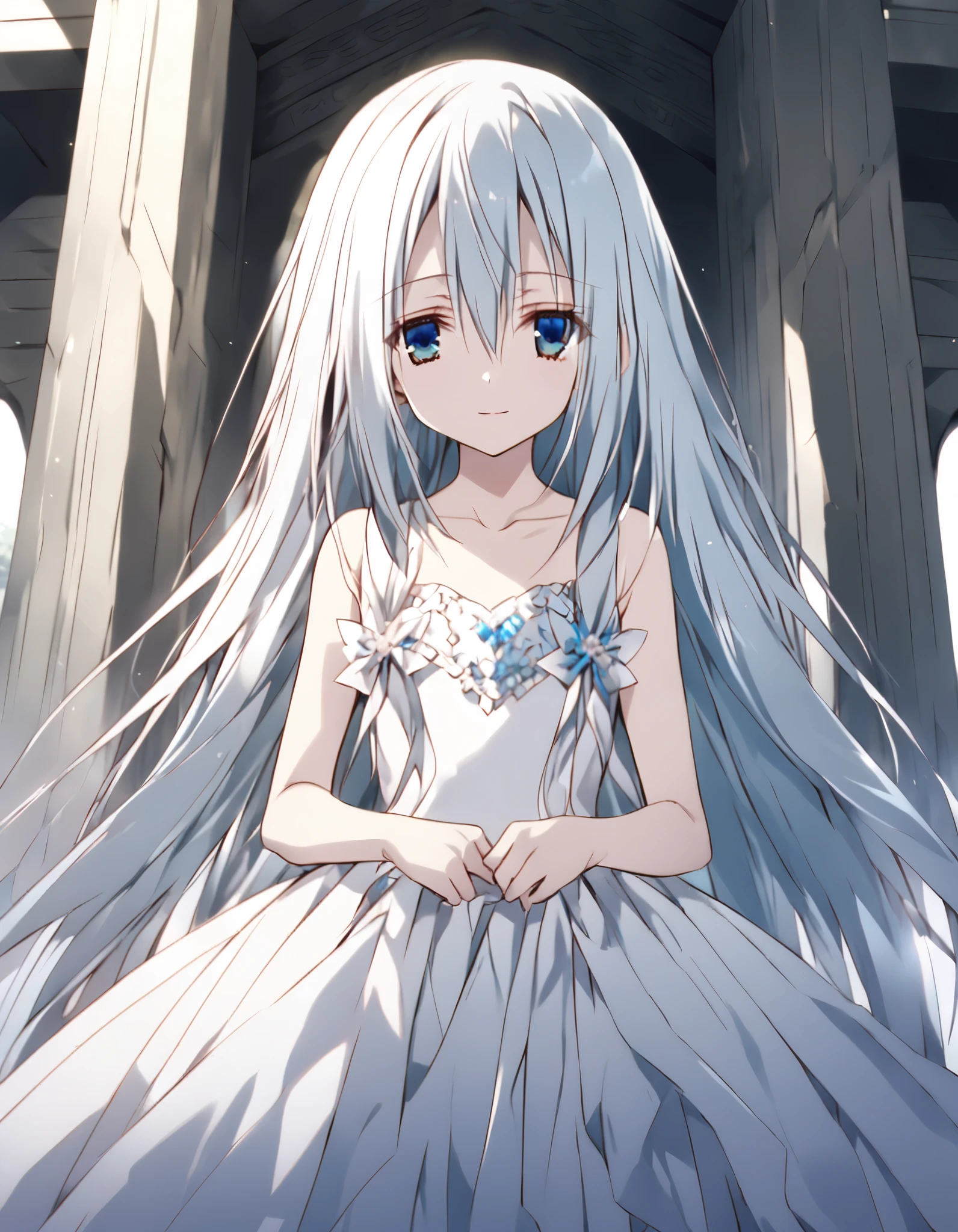 (((Terminus Est))), (((SEIREI TSUKAI NO BLADE DANCE))), beautiful, loli, lomg white hair, milky white skin, expressionless face, small smile, eyes that are blue with a tint of green, legendary temple, natural lighting, cinematic lighting, dark and moody, dramatic lighting, wedding dress, marriage ring, ball gown