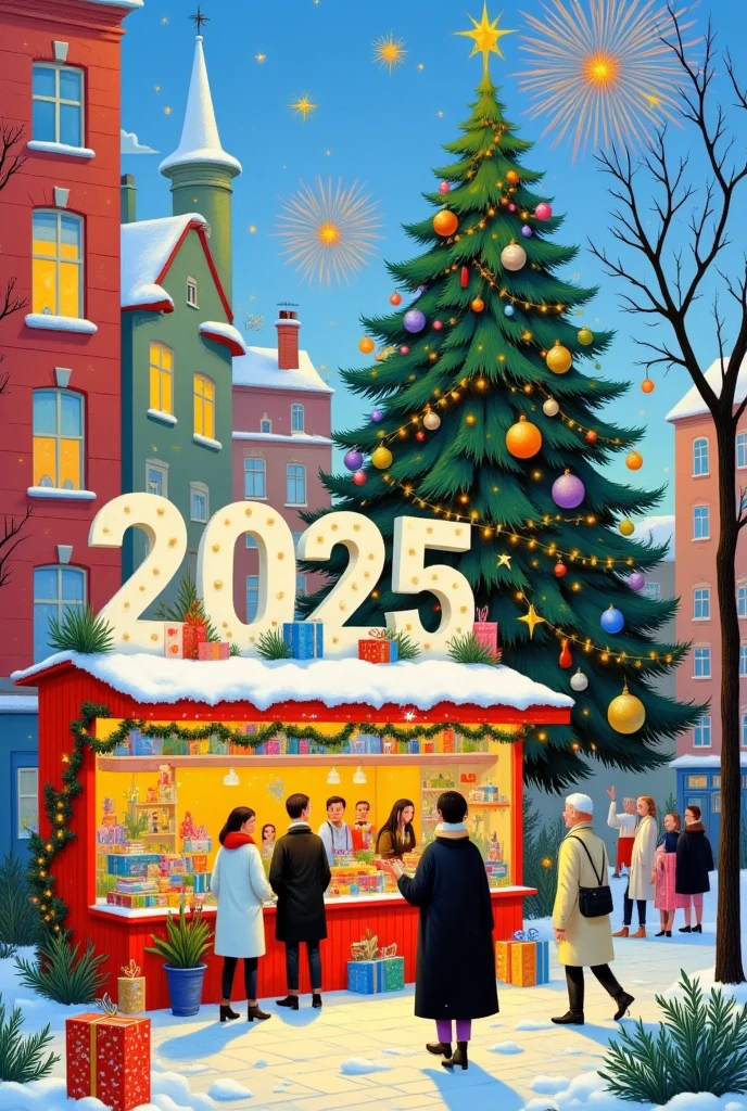 A huge font "2025" is placed on a square of a modern city square in the central area,with red and green and wihte gradien,covered with soft and fluffy fur There is a layer of snow on the font.giving a warm feeling,Surrounded by small houses in a Christmas snow scene,with snow falling,Beneath the huge font, there are some fashionable men and women in Europe walking around. Some of them stop and look up at the words. The font are decorated with Christmas bells, gifts and stars.Fireworks are being set off in the sky in the background.
