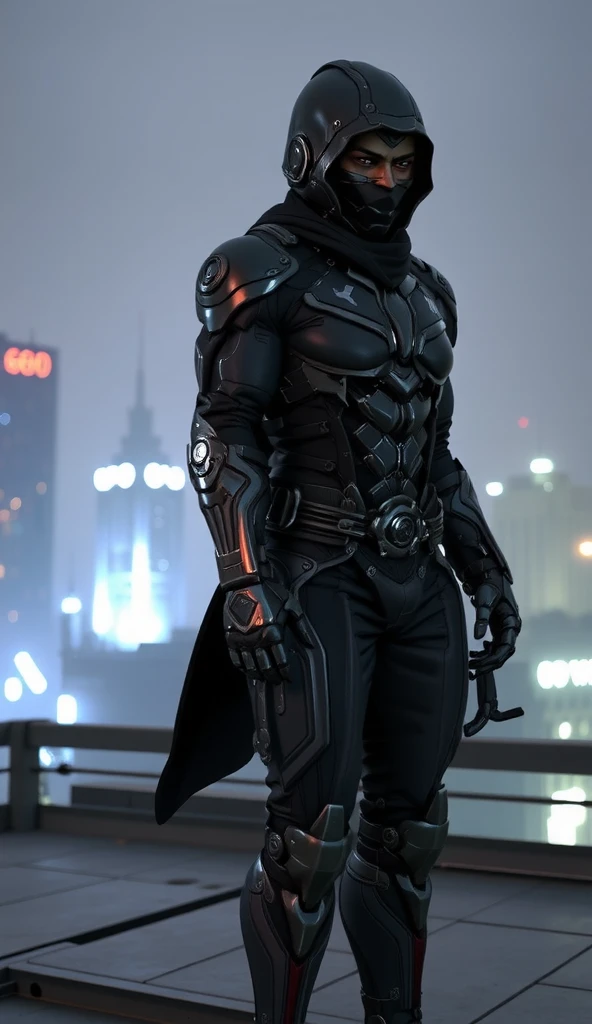  A black leather full-body image 、and a hood, Close-up of a hooded person in invisible armor . wears leather armor,  Tights.epic ninja suit, Rogue.Leather fit to cover the whole body. smooth leather .Boy Teenage Assassin , stealth suit ,  Cyberpunk assassin ,Standing on the roof of a skyscraper. black night . Dark atmosphere .Low light.Weak lights cast dramatic shadows. Weird cyberpunk atmosphere . cyberpunk city.Futuristic tech style 