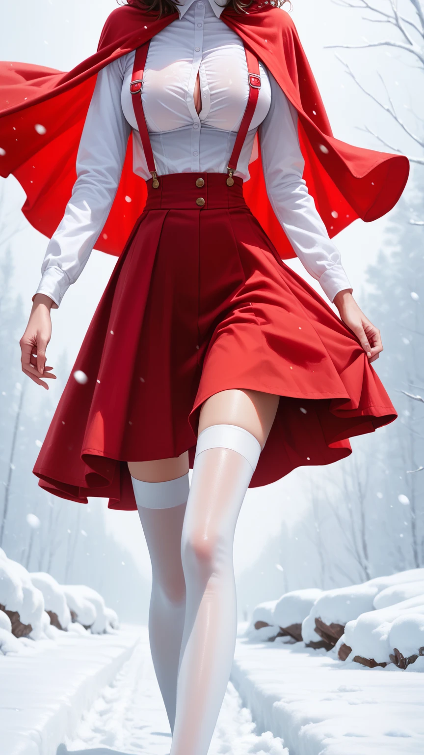 score_9,score_8_up,score_7_up,high res image,masterpiece,best quality,realistic,1girl,santa_costume,white_shirt,cape,(red skirt:1.2),snow,(walking in the snow:1.2),(waist focus:1.3),(white suspenders stockings:1.3),(large teardrop breasts:1.4),