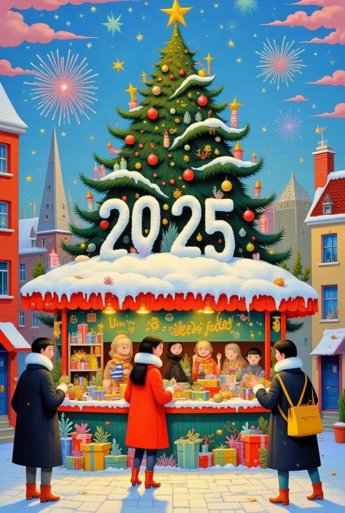 A huge font "2025" is placed on a square of a modern city square in the central area,with red and green and wihte gradien,covered with soft and fluffy fur There is a layer of snow on the font.giving a warm feeling,Surrounded by small houses in a Christmas snow scene,with snow falling,Beneath the huge font, there are some fashionable men and women in Europe walking around. Some of them stop and look up at the words. The font are decorated with Christmas bells, gifts and stars.Fireworks are being set off in the sky in the background.
