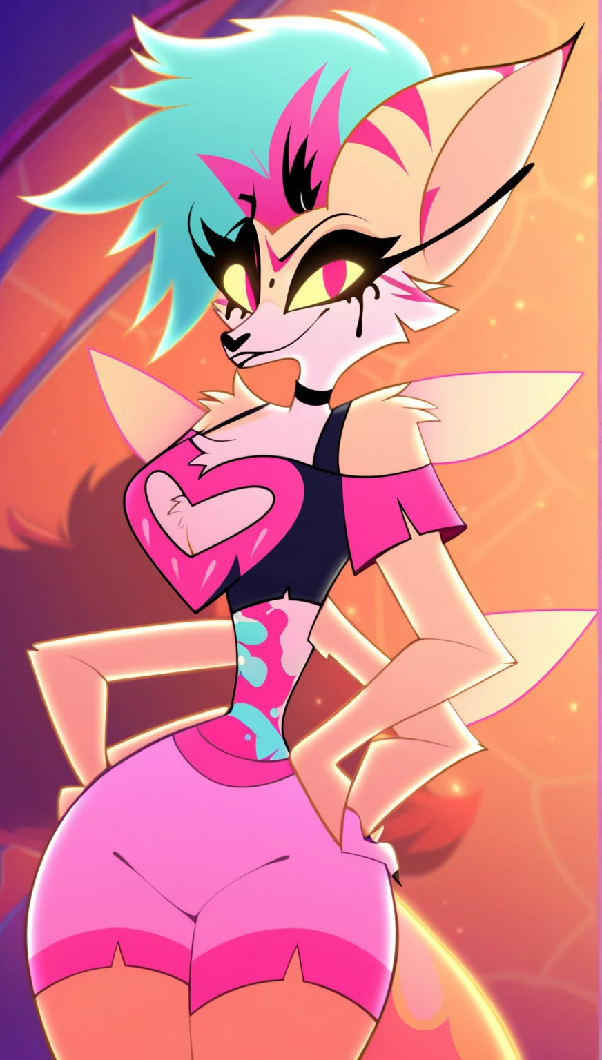 Queen Bee hellhound standing, using a black latex suit, and a black techno collar, hypnotized with glowing purple eyes without iris or pupils, tongue out, dancing