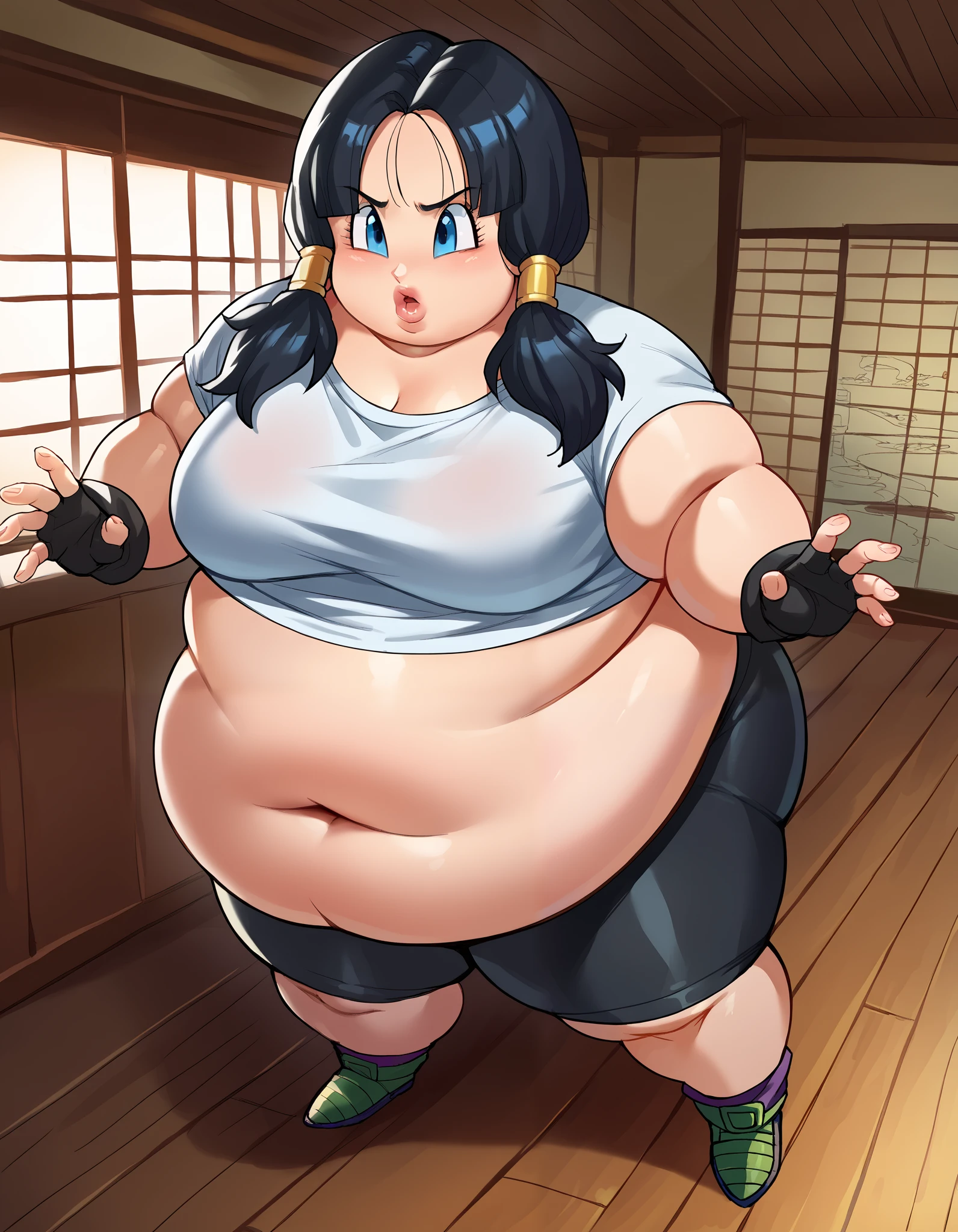 score_9, score_8_up, score_7_up, source_anime,
videl, videl, black hair, blue eyes, eyelashes, parted bangs, twintails,
bike shorts, black gloves, black legwear, collarbone, fingerless gloves, gloves, shirt, short sleeves, white shirt,
indoors, dojo, cowboy shot, dutch angle, open mouth, fat, chubby, obese, full body shot, big ears, big nose, big lips, 900 pounds, 10 ft tall, hunchback, broad shoulders, big belly