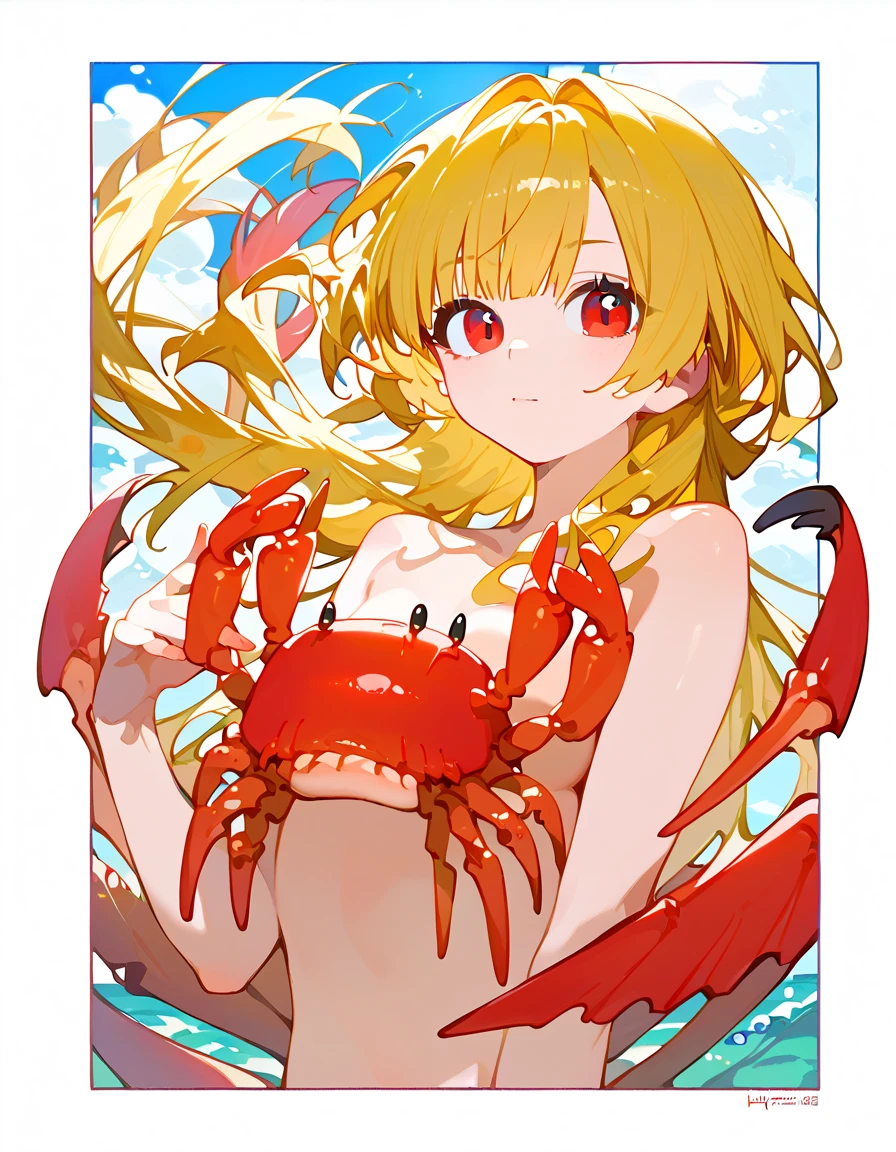 Blonde flat chest，crown，red scales，Red Dragon Tail，swimsuit，Thin legs，barefoot，rosarium