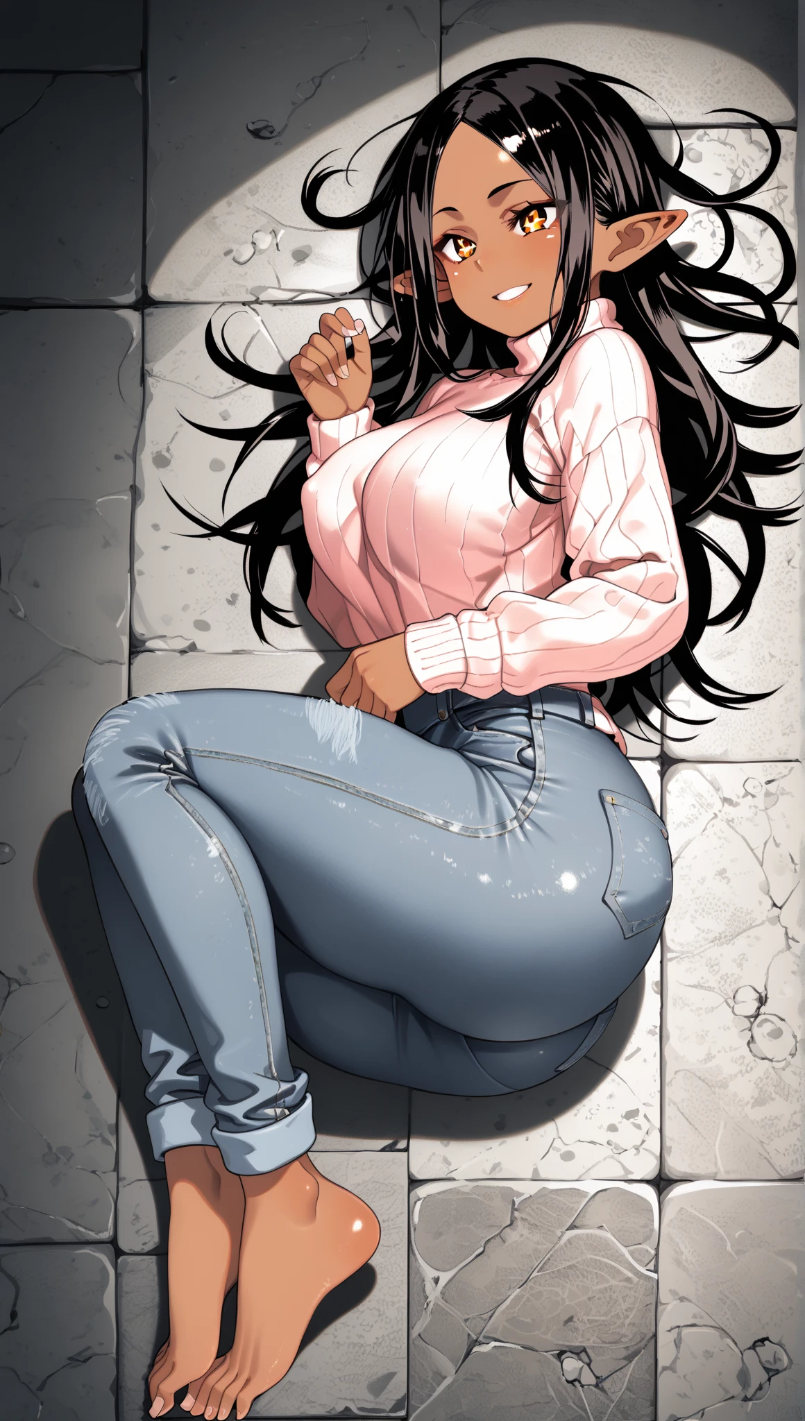 solo,1girl, black hair ,blues eyes ,tareme, hair bangs, long hair, gleaming skin, glasses, oversized tshirt, pink hoodie, blue jeans, massive fart, farting, blush,bend over, clenching teeth, annoyed face, alone by the streets