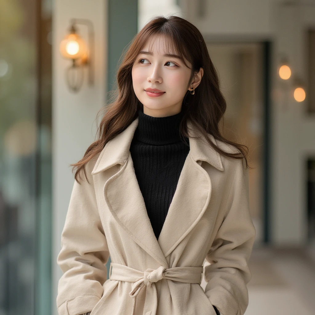 A sophisticated and modern portrait of an East-Asian cute young woman with soft, wavy brown hair, dressed in a stylish beige wool coat with a belt cinched at the waist. She exudes warmth and confidence as she gazes to the side with a gentle smile. The neutral tones of her outfit contrast elegantly with the black turtleneck underneath, enhancing her refined appearance. The urban background with soft lighting and subtle reflections adds a contemporary and polished atmosphere to the scene.

The lighting is soft and even, giving her a radiant glow and enhancing the pastel-like quality of the composition. The overall tone is calming and uplifting, capturing the beauty of simplicity and a connection to nature in a serene, artistic style.