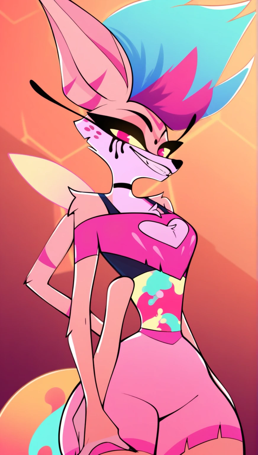 best quality, masterpiece, high resolution, roxanne fusion loona fusio amy rose, solo, furry female, body fur, makeup, sexy clothes:1.2, perfect anatomy, detailed limbs, detailed eyes, detailed lips, glowing skin, vibrant colors, dynamic lighting, realistic rendering, portrait.