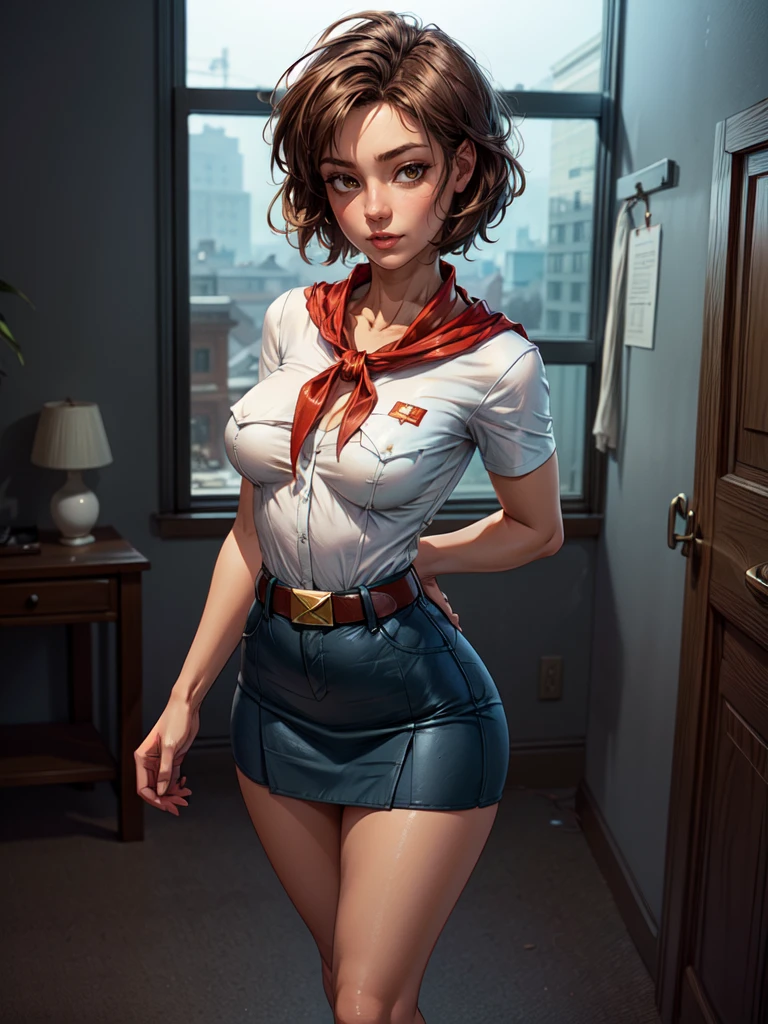 realistic , (masterpiece, best quality),(solo) ,(Milf), Linda Cardellini as Velma in Scooby-Doo, tight tubetop, [brown|purple|black hair], long hair, hair bow, hair ribbon, ponytail, makeup, blue eyes, ,choker, blue suit, pencil skirt, black thighhighs, high heels, school, classroom, blackboard,
