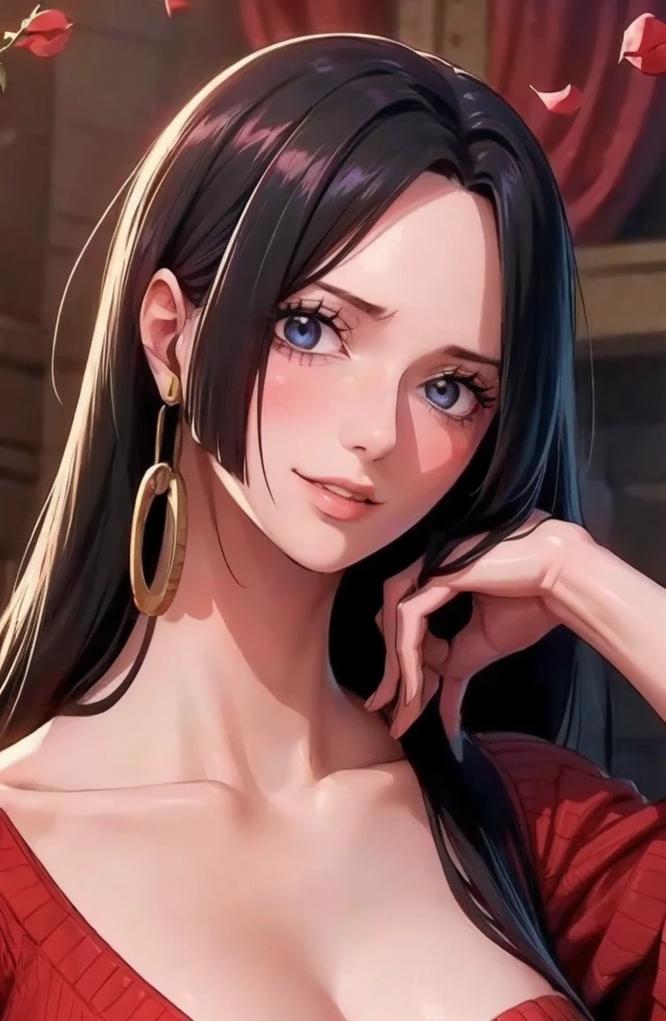 best quality, masterpiece, highly detailed,1girl, ((rose)), (vine), cage, bandage, red rope, (detail light), falling rose petals, Boa Hancock,, (masterpiece:1.5), Detailed Photo, Smiling,(8k, Photorealistic, Best Quality: 1.4), (1girl), Beautiful Face, (anime realistic Face), (Black Hair, long Hair: 1.3), Beautiful Hairstyle, Realistic eyes, beautiful detail eyes, (realistic skin), beautiful skin, (sweater), absurdes, attractive, ultra high resolution, ultra realistic, high definition, golden ratio, backwards, 比基尼, Wet , whole body