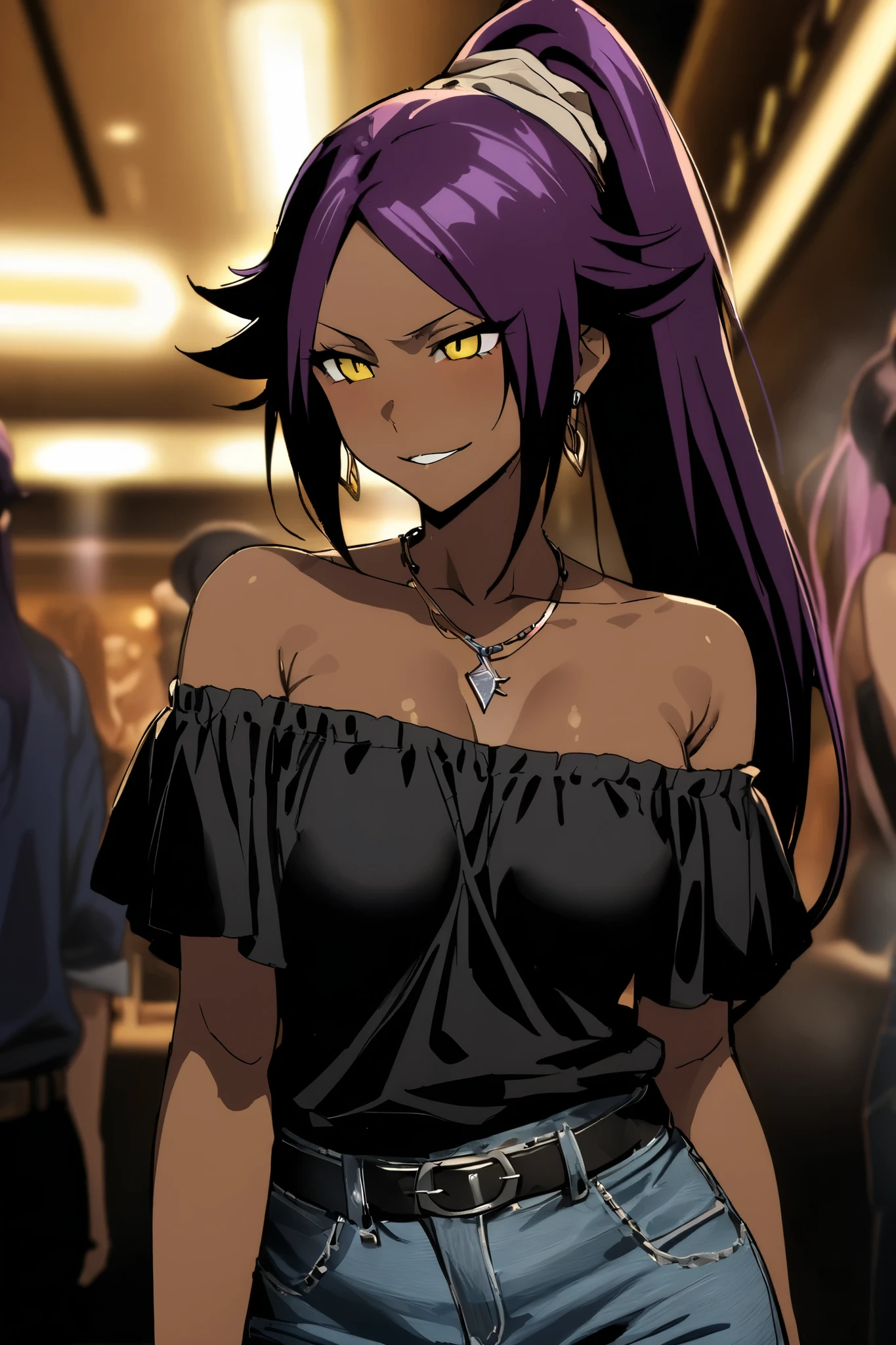 NSFW,masterpiece, top quality , High Definition , very detailed,Yoruichi Shihouin\(BLEACH\), long hair、 yellow eyes、 ponytail、Purple Hair、 dark skin 、 dark skin の女性, off-shoulder, Denim Shorts,belt, Casual , necklace,Earrings,Bad Smile,Nightlife