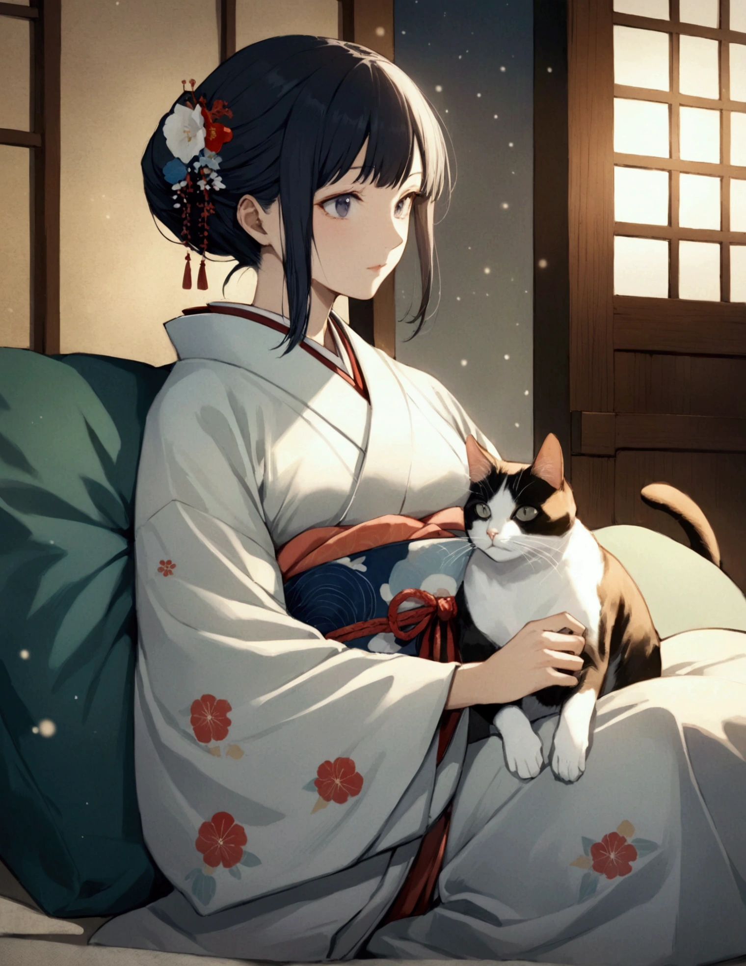 painting of a woman in a kimono sitting on a pillow next to a cat, inspired by Koryusai Isoda, inspired by Hishikawa Moronobu, inspired by Utagawa Kunimasa, woman and cat, inspired by Itō Shinsui, ukiyoe style, inspired by Uemura Shōen, blurry light particles. 