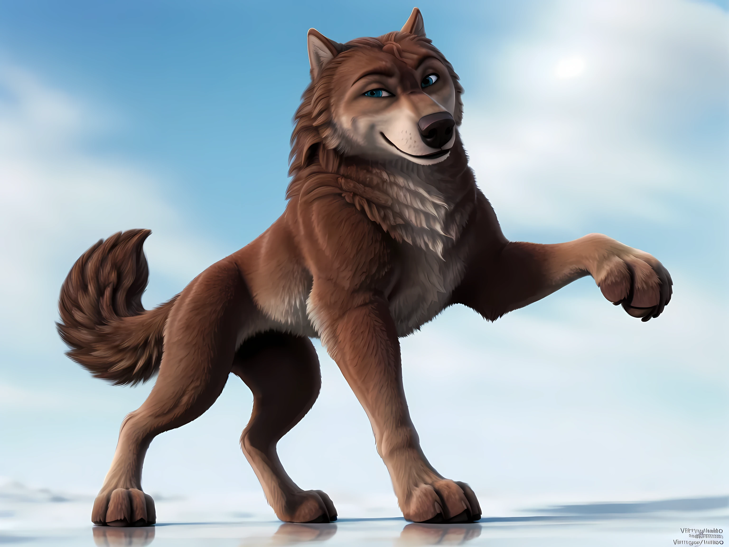 Garth, detailed fur, male, (feral, feral body):1.1, simple background, white background, standing on ice, confident, raised head, subtle smile, proud, wolf, full body:1.1,  strong body, detailed eyes, solo, looking at viewer, lifting paw, brown fur, tail, posing, by virtyalfobo, by marjani,