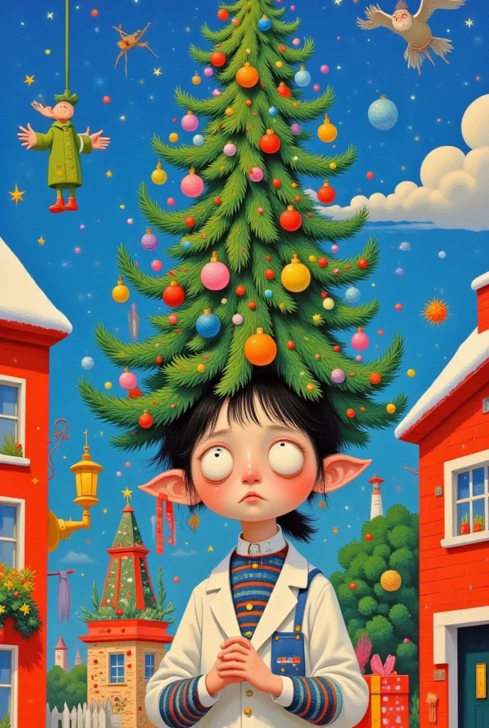  One painting is of a girl with a Christmas tree on her head ,  A surrealistic painting inspired by Victor Nizovtsev ,  Behance contest winner ,  pop surrealism, Magic Tree, Illustration Art,  magical realism bizarre art,  colorful book illustration, japanese  pop surrealism, Magic tree, Whimsical Art,  Jean-Sebastien Rossbach , Magical surrealism