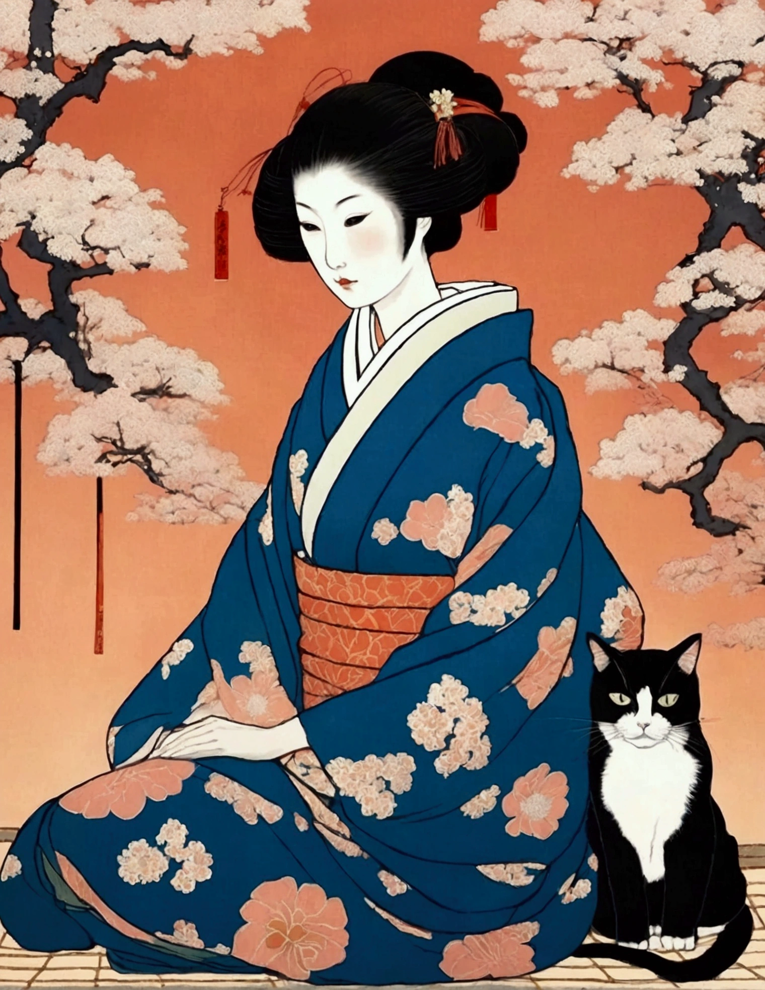 painting of a woman in a kimono sitting on a pillow next to a cat, inspired by Koryusai Isoda, inspired by Hishikawa Moronobu, inspired by Utagawa Kunimasa, woman and cat, inspired by Itō Shinsui, ukiyoe style, inspired by Uemura Shōen, blurry light particles. 