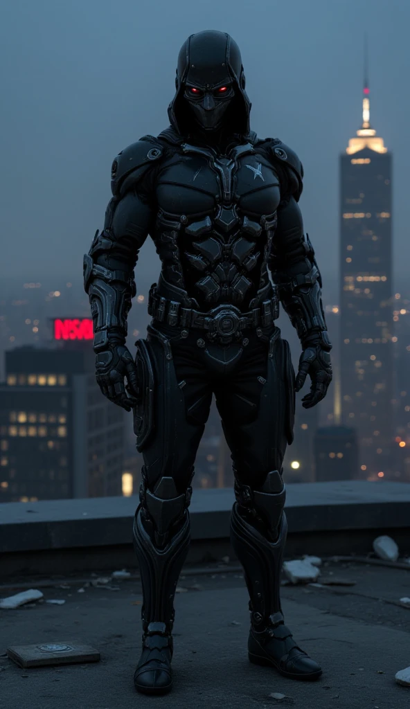  A black leather full-body image 、and a hood, Close-up of a hooded person in invisible armor . wears leather armor,  Tights.epic ninja suit, Rogue.Leather fit to cover the whole body. smooth leather .Boy Teenage Assassin , stealth suit ,  Cyberpunk assassin ,Standing on the roof of a skyscraper. black night . Dark atmosphere .Low light.Weak lights cast dramatic shadows. Weird cyberpunk atmosphere . cyberpunk city.Futuristic tech style 