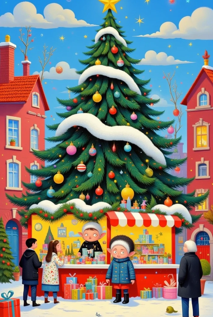 a painting of a  standing in front of a Christmas tree, author：Krzysztof Boguszewski,  was inspired by Jacek Yerka , author： Radi Nedelchev ,  cute detailed digital art , author： Alexander Kucharsky , Christmas tree, Santa&#39;s Workshop, author：Yi Yinwen,  可爱的细节艺术品 , rob mcnaughton