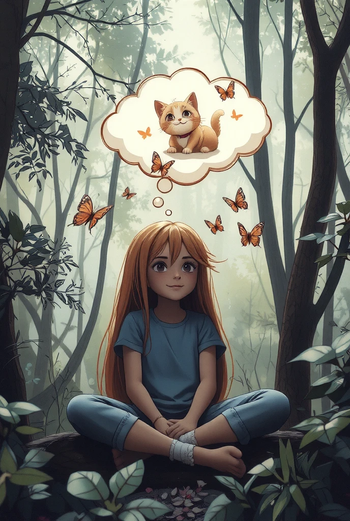 Sketch illustration. The image shows a young girl with long blonde hair, wearing a blue shirt and blue pants, sitting in a forest. She is daydreaming, and the thought bubble above her head shows a cute, smiling kitty cat. The forest is lush and green, with tall trees and a misty atmosphere. Several butterflies flutter around the girl and her thought bubble, adding a touch of whimsy to the scene. The colors are soft and muted, creating a peaceful and fairytale-like atmosphere. The image suggests a sense of hope and joy, as the girl imagines that she has a cute kitty cat. Disney studio style.