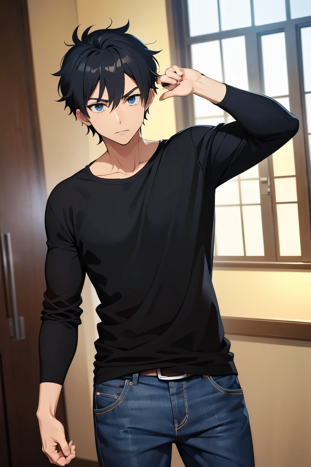 photorealistic, (4k), depth of field, (Masterpiece), (realistic skin texture), extremely detailed, intricate, hyper detailed, high resolution, professional photography, , depth of field, sharp detail, best quality, looking at viewer, 1boy, solo, male focus, <lora:yuuto_shinkai:0.92>, yuuto_shinkai, black hair, red eyes, swim trunks, , house,
