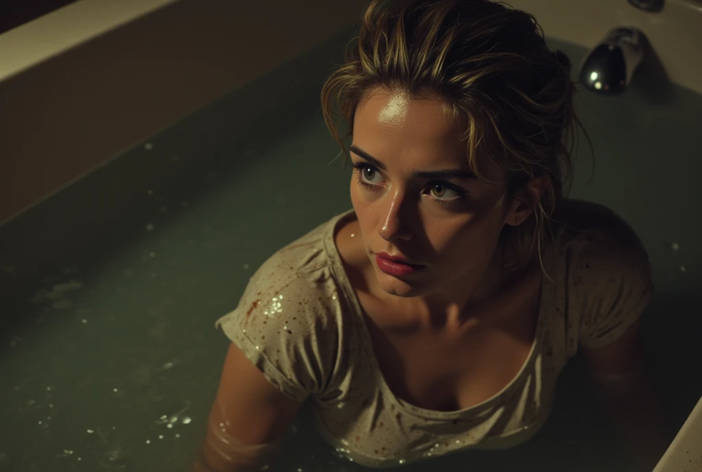 jeans Covered in mud ,Bob haircut, detailed eyes and face,  An expression of despair  ,t-shirt, dark and gloomy lighting ,desperation,bathroom,drowning laying under sludge in the bottom bath ,sick faded mid-aged woman, wetlook, red lips, from above, from side view, in the middle of bathroom