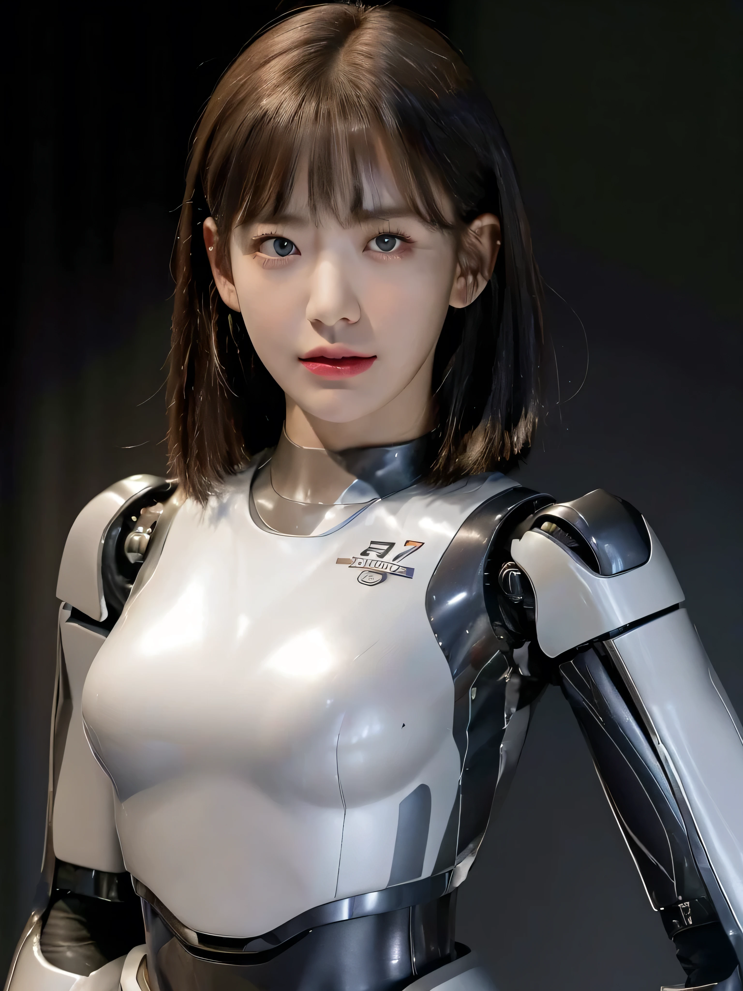 masterpiece, best quality, extremely detailed, Japaese android girl,Plump , control panels,android,Droid,Mechanical Hand, Robot arms and legs, Black hair,Blunt bangs,perfect robot girl,long tube,thick cable connected her neck,android,robot,humanoid,cyborg,japanese cyborg girl ,robot-assembly plant,She is assembled now,assembly scene,chest monitor camera eyes, body by hrp-4c, face by miyawaki sakura, blue eyes, sharp face shape, hrp-4c's body suit, miyawaki sakura's face