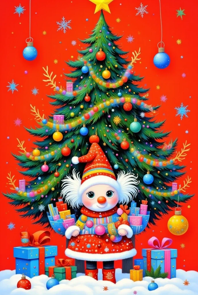 A colorful Christmas stocking and an adorable snowman placed inside a christmas tree on a surface covered with snow. The christmas tree is adorned with a bright red bow,adding a splash of vivid color to the scene. The background is a soft red,creating a warm and festive atmosphere. High quality,high resolution,photorealistic,detailed,vibrant colors,winter holiday theme,cheerful,cozy,artistic representation.