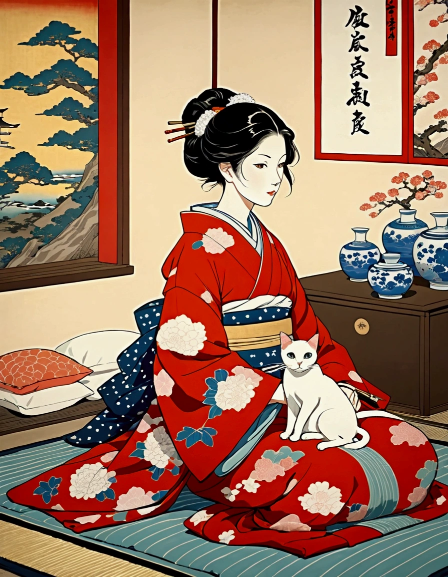 painting of a woman in a kimono sitting on a pillow next to a cat, inspired by Koryusai Isoda, inspired by Hishikawa Moronobu, inspired by Utagawa Kunimasa, woman and cat, inspired by Itō Shinsui, ukiyoe style, inspired by Uemura Shōen, blurry light particles. 