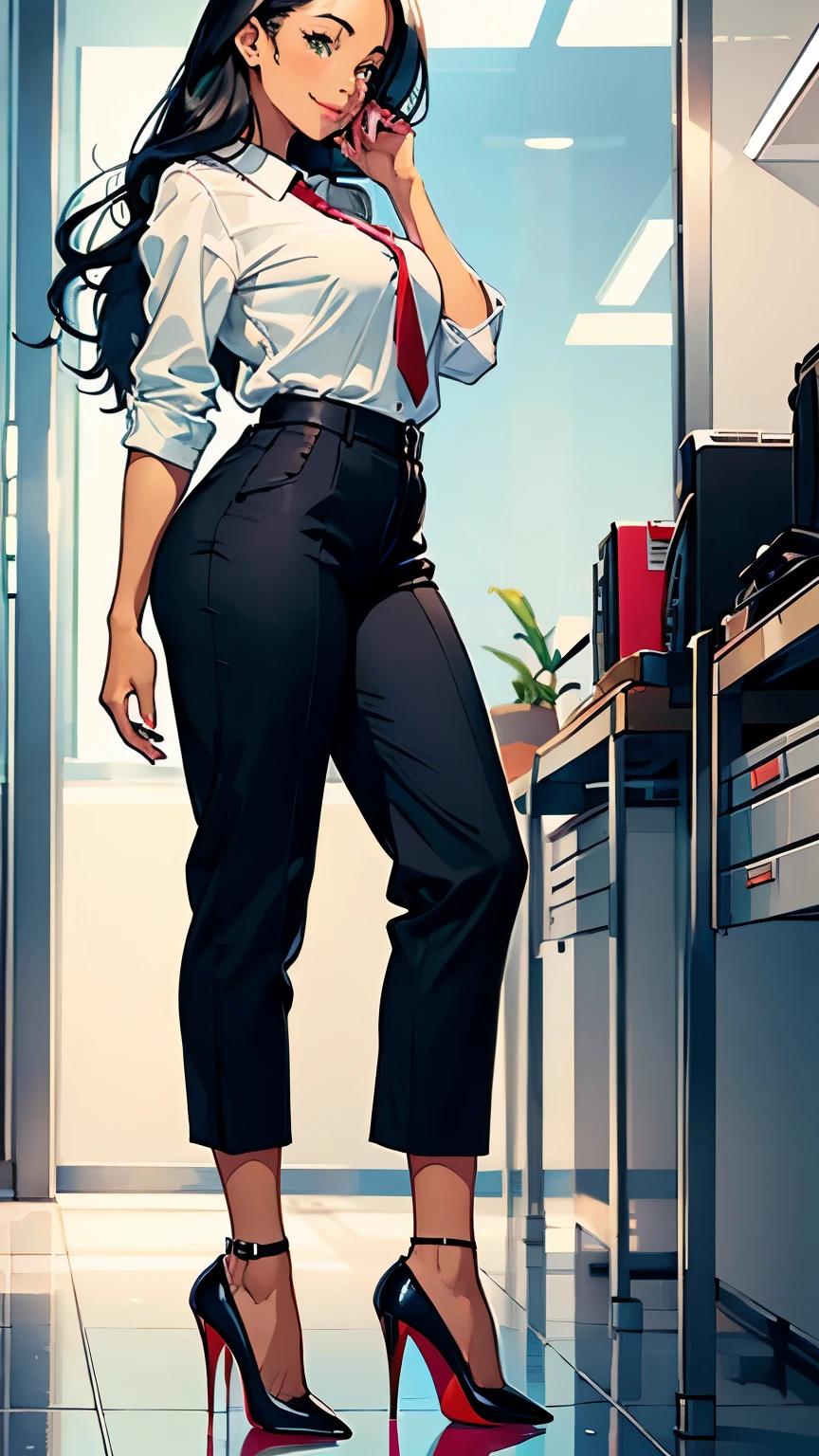 Girl in a suit, barefoot, showing feet, sitting, crossed legs, short hair, brown skin, ceo office on the top floor with glass in the background, low angle