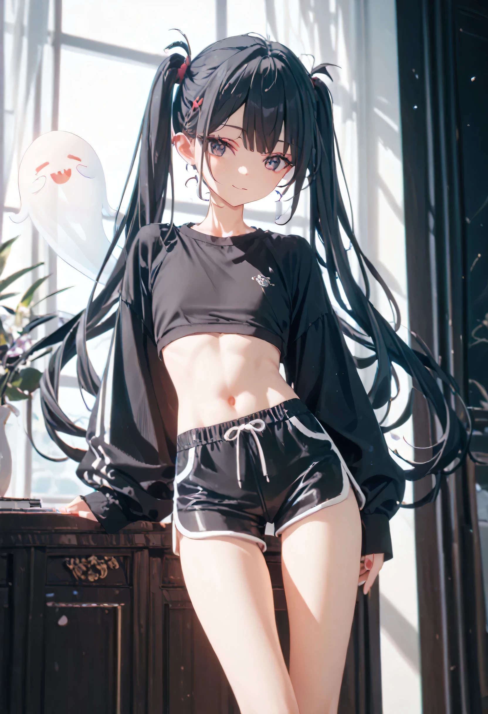 ghost,  twin tails、skinny body、flat chest, black hair、Black clothes、 shorts、 Long Sleeve 