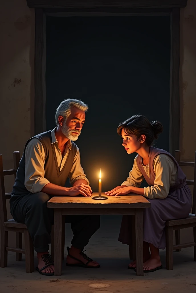 Rabbi with his daughter in front of 2 Shabbat oil candles in ancient times
