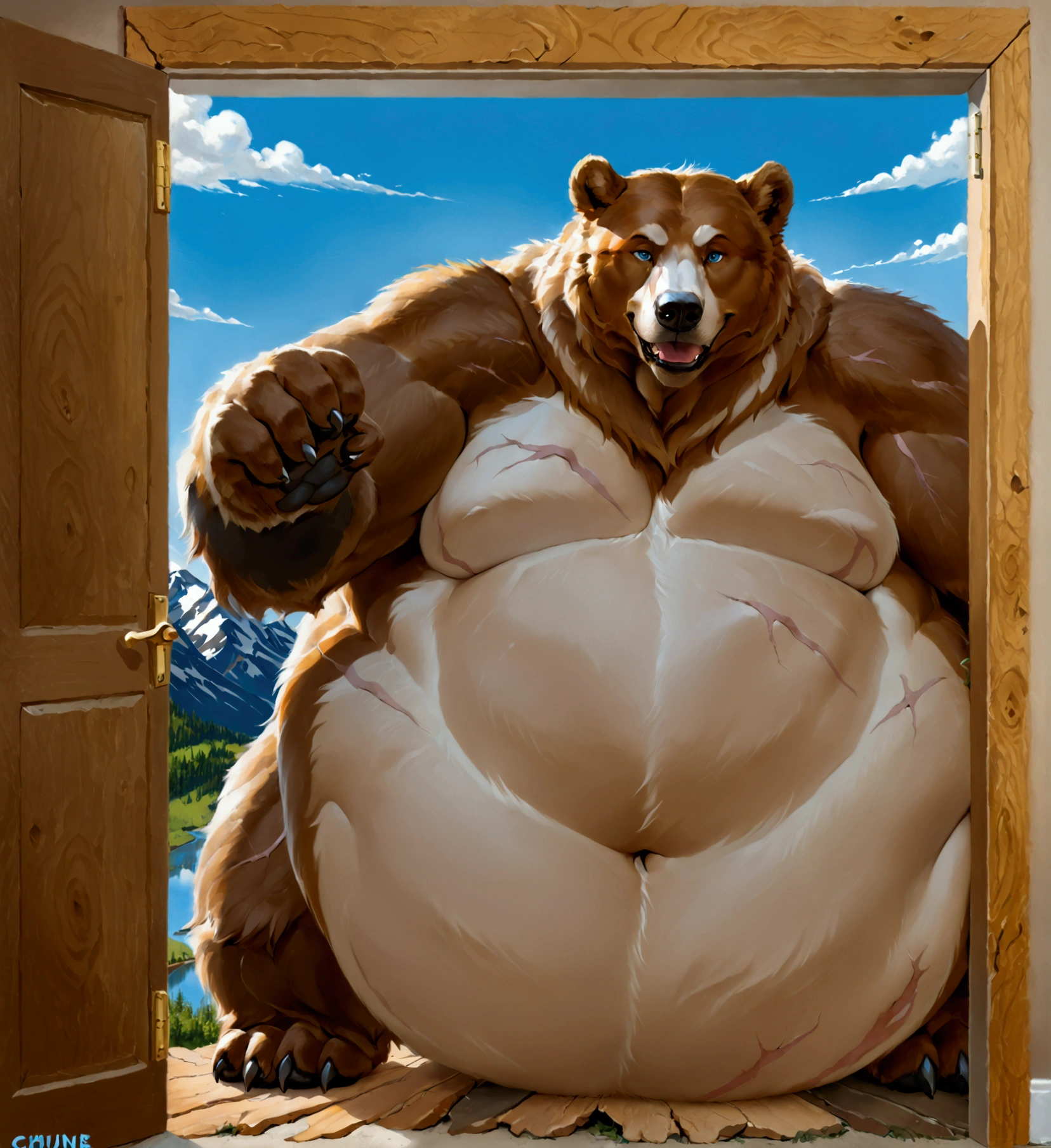 An extremely fat Brown Grizzly Bear with an unbelievably massive white belly, so enormous it drags on the ground and looms bigger than a mountain, breaking through a large door with its colossal bulk. The splintered wood frames its massive form as it reaches out a paw toward you, its thick fur and immense belly dominating the scene with a mix of power and surreal humor, scars on the face, beautiful blue eyes. 