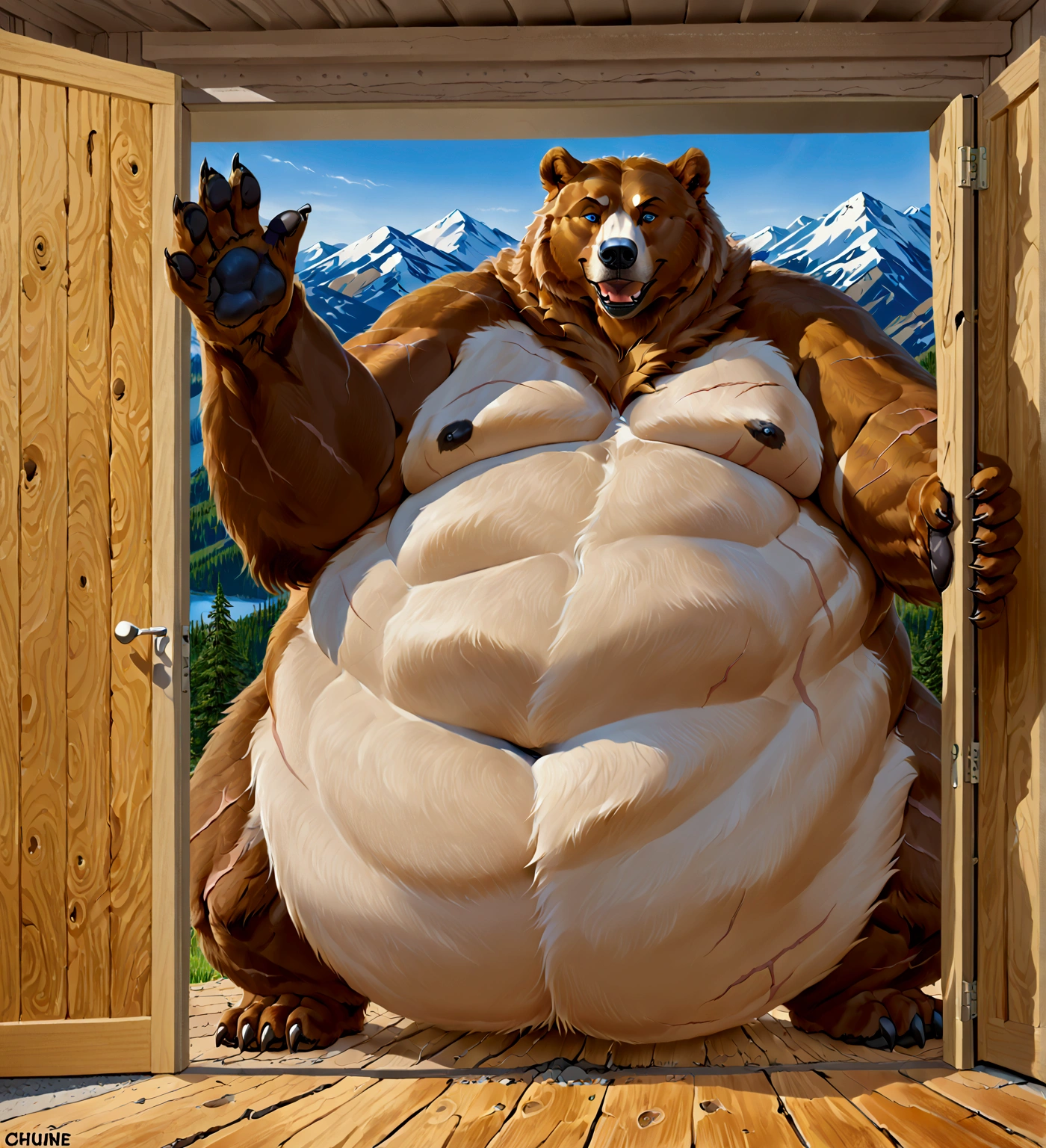 An extremely fat Brown Grizzly Bear with an unbelievably massive white belly, so enormous it drags on the ground and looms bigger than a mountain, breaking through a large door with its colossal bulk. The splintered wood frames its massive form as it reaches out a paw toward you, its thick fur and immense belly dominating the scene with a mix of power and surreal humor, scars on the face, beautiful blue eyes. 