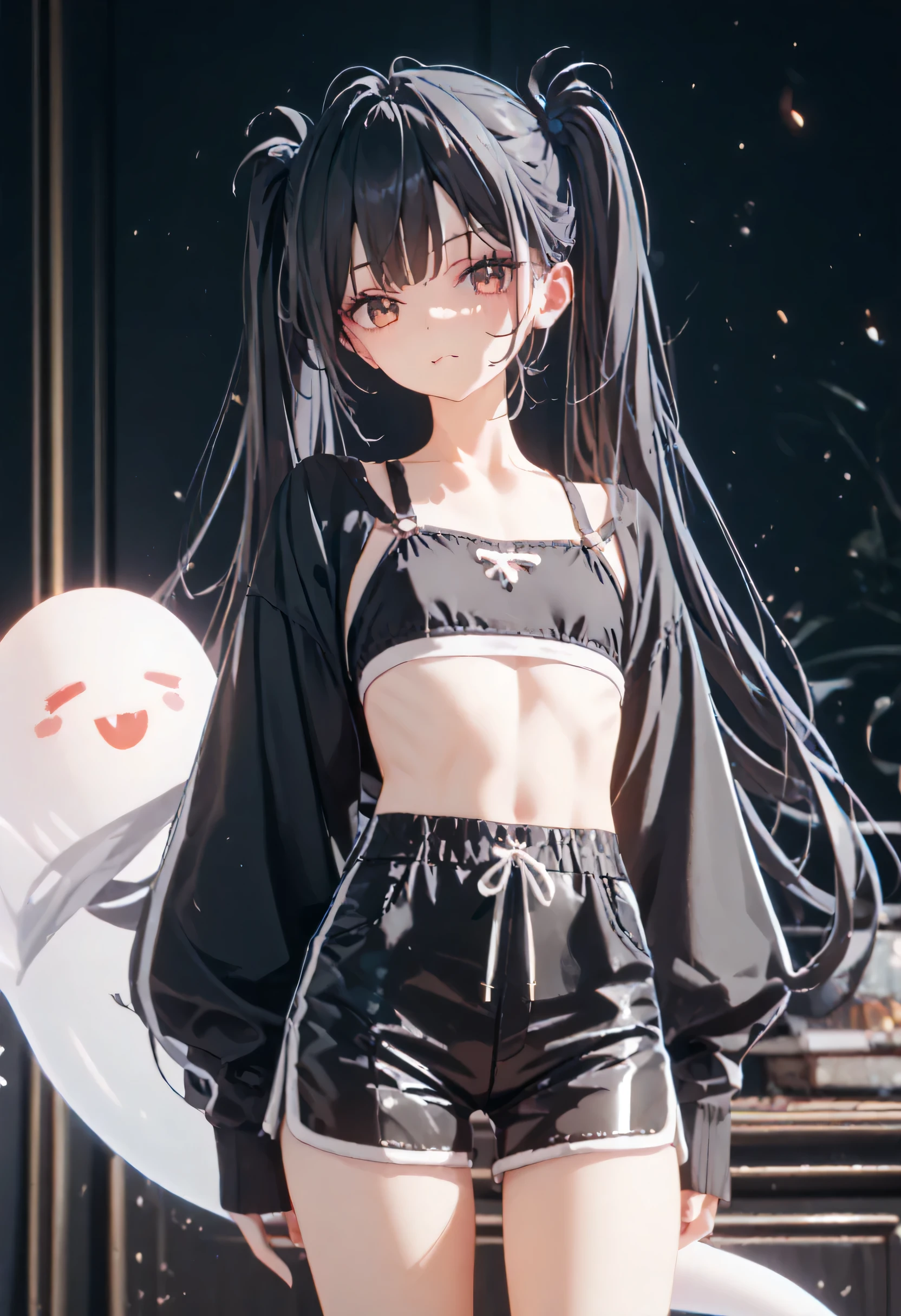 ghost, twin tails、skinny body、flat chest, black hair、Black clothes、 shorts、 Long Sleeve