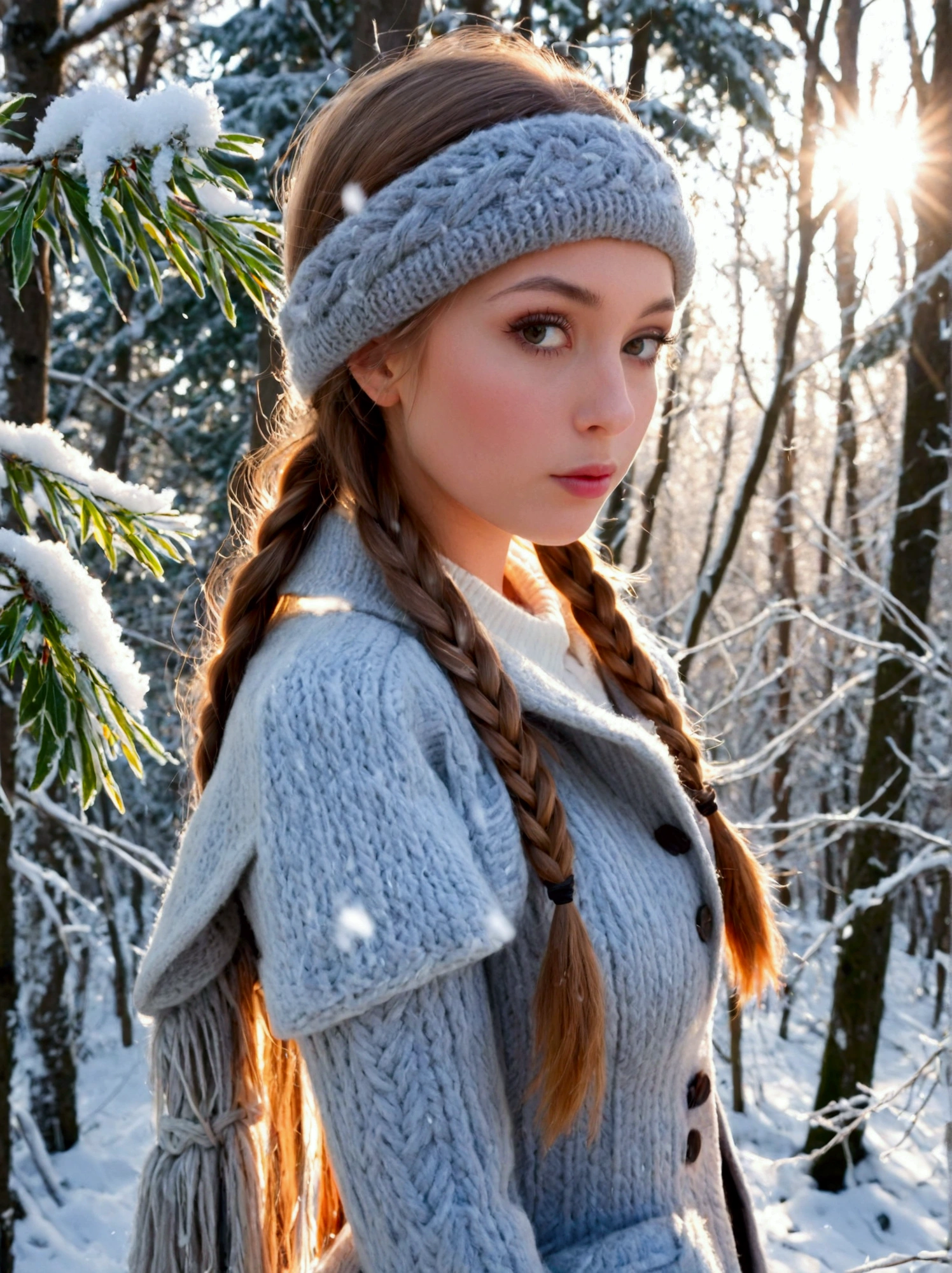  Beautiful overweight Snow Maiden , she has a braid ,  looks straight ,  sensual facial expression ,  stands in a snowy forest ,  wearing winter clothes, a coat and a long skirt ,  I can see the whole body , , the rays of the sun break through the branches of the trees, frost on the branches , ( better quality ,4K,8k, highres icon, masterpiece fails:1.2), ultra-detailed ,( realistic,фото realistic,фото realistic:1.37), Detailed eyes ,detailed lips, extremely detailed face , long eyelashes ,lush vegetation,snowflakes,frost on tree branches, warm lighting , 3D render ,