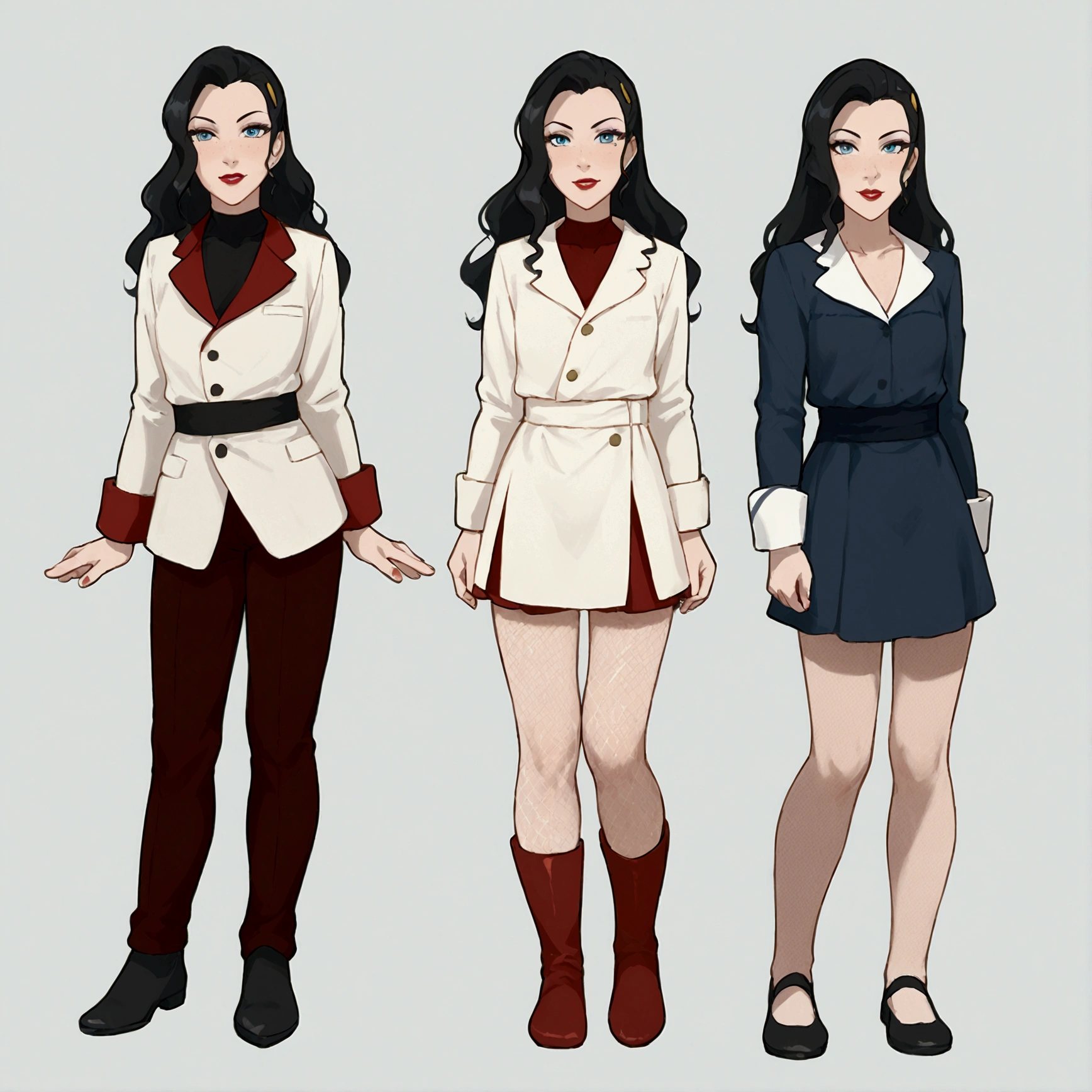 ((full body shot, standing, feet on the ground))Asami Sato, ((character design sheet)), masterpiece, best quality, highly detailed, score_9, score_8_up, score_7_up, score_6_up, anime source,BREAK, 2girl, long hair, blue eyes, flower, hair bow, small breasts, bow, looking at viewer, freckles, parted lips, smile, full body, red lips, lips, boots leather ballet slipper, side-front, She looks at you, your gauze hurts, fishnets, white background, neutral cast, dance pose
