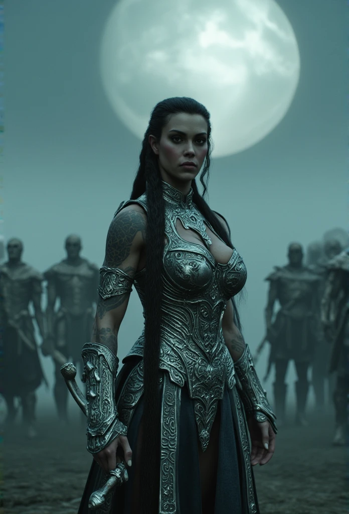 (masterpiece, photorealistic:1.4, extremely intricate:1.3), (photon mapping, radiosity, physically based rendering, ultra resolution, hyper-realistic, photorealistic:1.4, hyper-realistic, 8K), tattooed elven warrior woman, wearing a silver battle corset adorned with intricate elven engravings, long braided dark hair, holding a weapon, standing confidently on a misty battlefield under a full moon, surrounded by an army of skeletal warriors, dramatic lighting, fantasy epic style, ultra-detailed, realistic textures