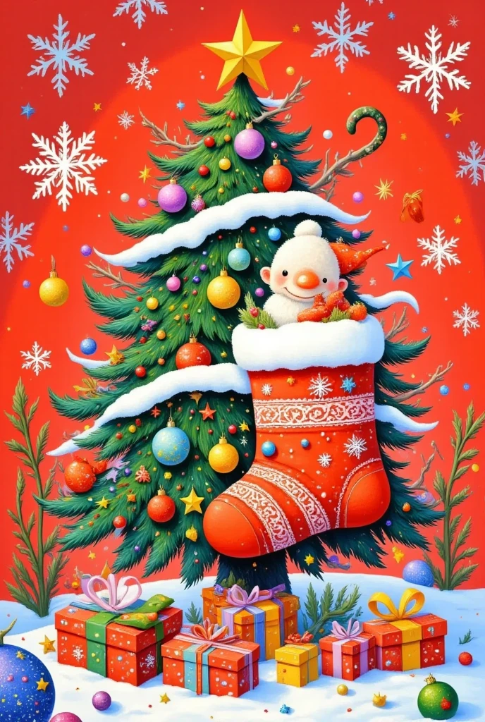 A colorful Christmas stocking and an adorable snowman placed inside a christmas tree on a surface covered with snow. The christmas tree is adorned with a bright red bow,adding a splash of vivid color to the scene. The background is a soft red,creating a warm and festive atmosphere. High quality,high resolution,photorealistic,detailed,vibrant colors,winter holiday theme,cheerful,cozy,artistic representation.