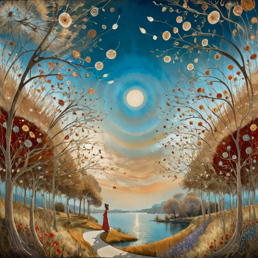 oil and acrylic painting. In the style of Andy Kehoe and Tracy Grimwood, Catrin Welz-Stein, Klimt. Background a tree-lined promenade on the waterfront. wide shot of a young woman, soft, sky-blue eyes, with light brown hair, walks by and lets the wind tousle her hair. Twisted trees, branches are transparent blown glass expanding skyward in ellipses. Dandelion blossoms, poppies, pampas grass, cherry blossoms, dried flowers bloom. Disc-shaped polychrome sun buds with marbled spirals, sunbeams like strands of coral, vitrified ambers. Warm colors, ochre yellows, browns, shades of blue, reds.
