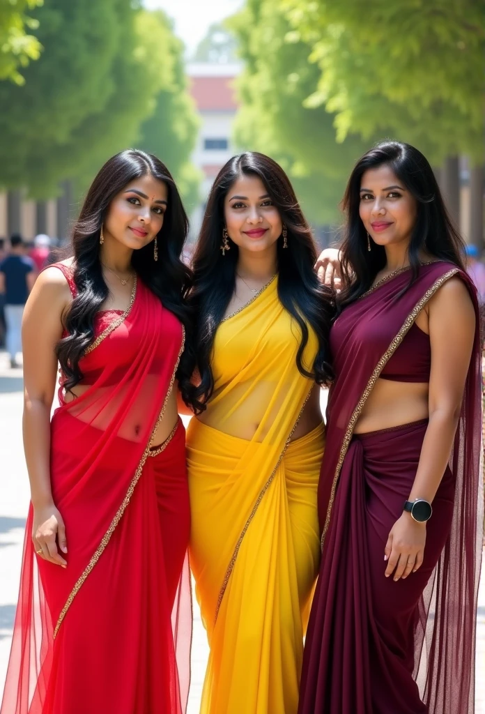 3 ladies, posing for farewell, left one wearing red colour transparent saree, she is curvy, she is showing her navel in saree, she is wearing waist chain, earrings, noserings. She has silky hair, nice appearance. Centre girl is in yellow transparent saree, she is tall, fit, curvy hips. She has navel visible in saree, she is makeup, she is wearing black leather watch, she is touching her hair. Right one is in dark wine transparent saree and wearing sleeveless blouse, she is facing camera, she has deep navel ,uncovered by saree and wearing navel chain around her waist, she has silky hair, curvy body, nice look, excellent makeup. Its a bright sunny day. They are standing infront of garden in their college. There are lots of girls standing there. 8k image, 70mm photo, intricate details. 