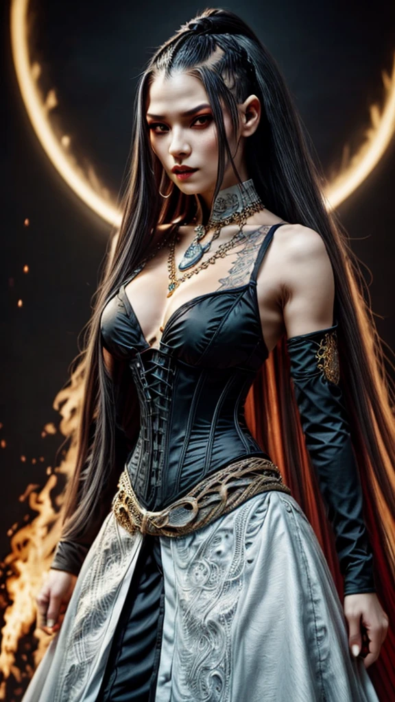 1girl (( (dark tattoos), ( beautiful_detailed_hair, long black hair), teen, (pale skin) )), horror theme, (slave collar), (foggy, darkness), realistic, (helmet), ((hand with five fingers:0.6)), (heavy armor), (battle, war), (blood and gore), (chess set, queen piece, king piece, knight piece)