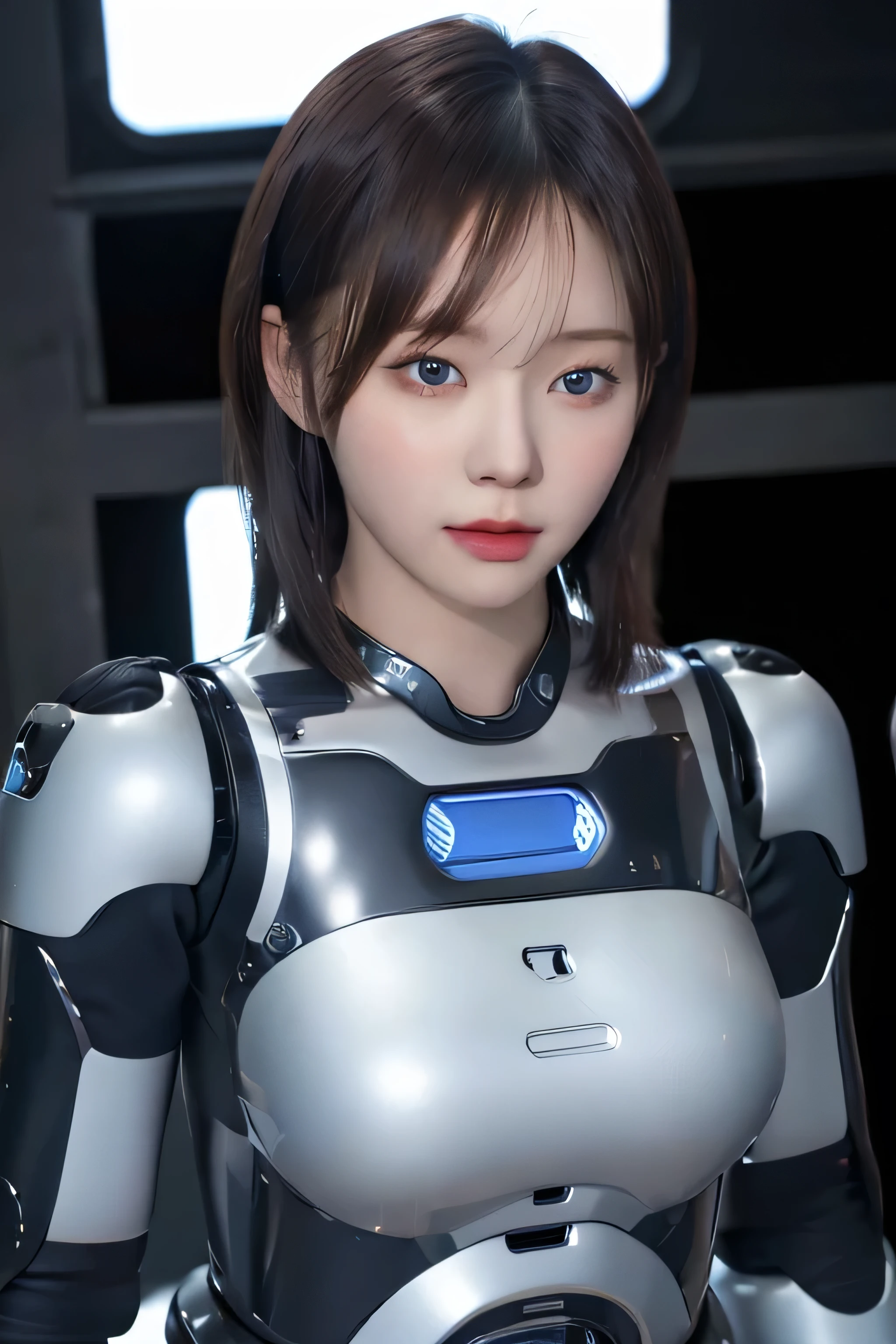 masterpiece, best quality, extremely detailed, Japaese android girl,portrait,Plump,a bit chubby,control panels,android,Droid,Mechanical Hand, Robot arms and legs, Black hair,Blunt bangs,perfect robot girl,long tube,thick cable connected her neck,android,robot,humanoid,cyborg,korean cyborg girl ,robot-assembly plant,She is assembling now,assembly scene,blue eyes,chest monitor, body suit from HRP-4C, face from aespa winter, sharp face shape, hrp-4c's body, aespa winter's face, perfect nose shape