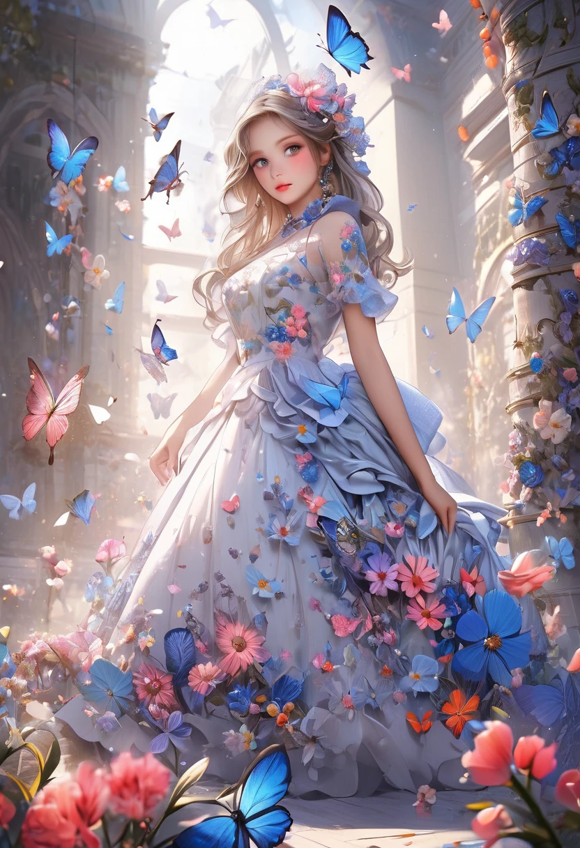 Falling into the human world、Describe an angel trying to adapt to modern human life, Including the moral challenges they face,((Beautiful flowers and butterflies on background々There is a,carafe)),Super detailed and accurate,The color of the dress is pink,