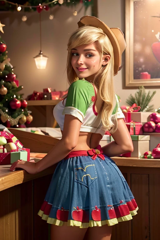 (1girl,3D, photorealistic, Masterpiece, best quality), excited, from back,  seductive pose , in a supermarket,
Big ,hat ,  cowboy hat ,  Beautiful teenage girl  , 17-year-old teen model   ,  long blond hair  , make-up ,  freckles on the face ,  cute smile  , happy , Mlp , Applejack,  apple-shaped ornaments ,  blond hair  ,  long blonde hair  ,  red Christmas dress  ,  Christmas dress , sexy , navidad , Applejack , adornos de manzana en el sombrero , adornos navideño en el vestido 
 Alta resolución, Mirando al espectador, selfie 