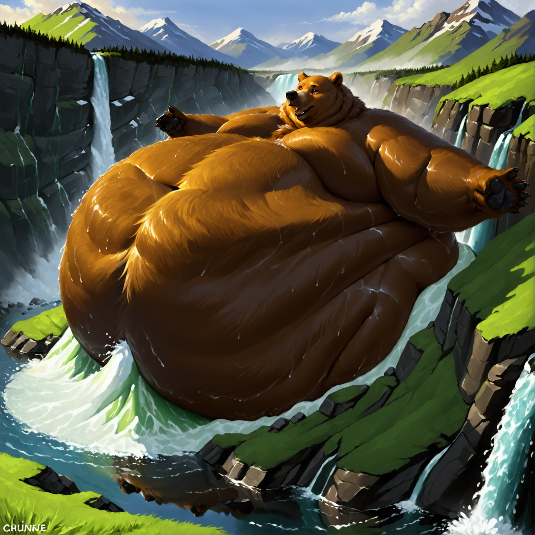 An extremely fattest Brown Bear with unbelievably extremely massive white belly as vast as a mountain gulps water from a thundering waterfall, its immense stomach ballooning further with every deep drink, dwarfing the surrounding landscape. 