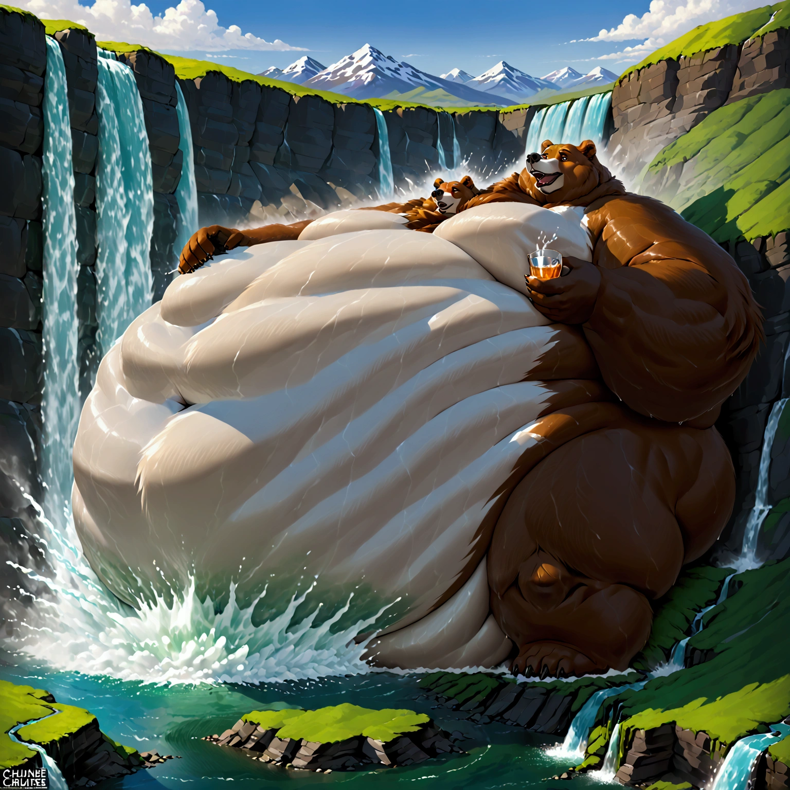 An extremely fattest Brown Bear with unbelievably extremely massive white belly as vast as a mountain gulps water from a thundering waterfall, its immense stomach ballooning further with every deep drink, dwarfing the surrounding landscape. 