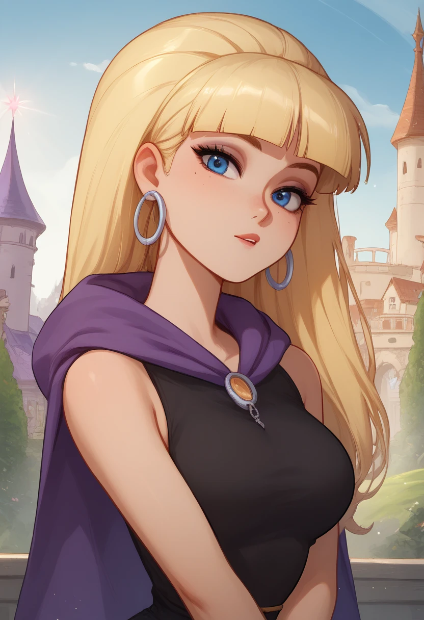 account_9, account_8_ex, account_7_ex, account_6_ex, account_5_ex, account_4_ex, pacifica, 1 girl, solo, Pacifica, long blonde hair with bangs, hand on hip, dark blue eyes, purple shadows, round lavender earrings, looks at the viewer, instagram model, fellatrix style, beautiful eyes, purple cape with hoodie, yellow details, black top, bare shoulders, black swim suit, bare hips, hoop earrings, bracelets, smooth skin, large breasts, slim, sexy, thick fog, one lantern, top of castle tower, holding bow, elve's bow, sexy archer queen, rays of moon, green sky, medieval tower
 