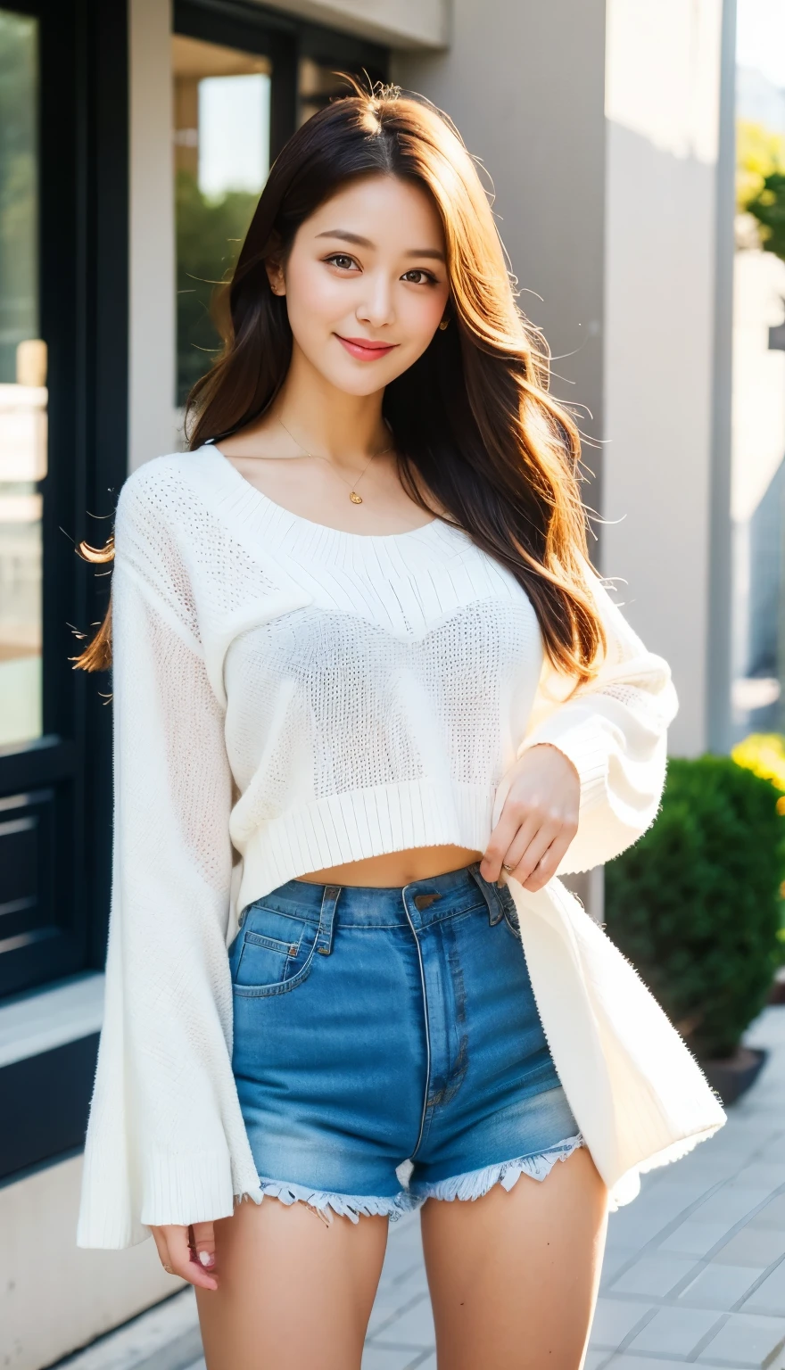 Top quality, 1 beautiful woman, Slim Body, Busty Breasts, half smile, linger, 35mm lens, f/1, cowboy shot, super long hair , street, wearing white Bell-sleeve-sweater panty