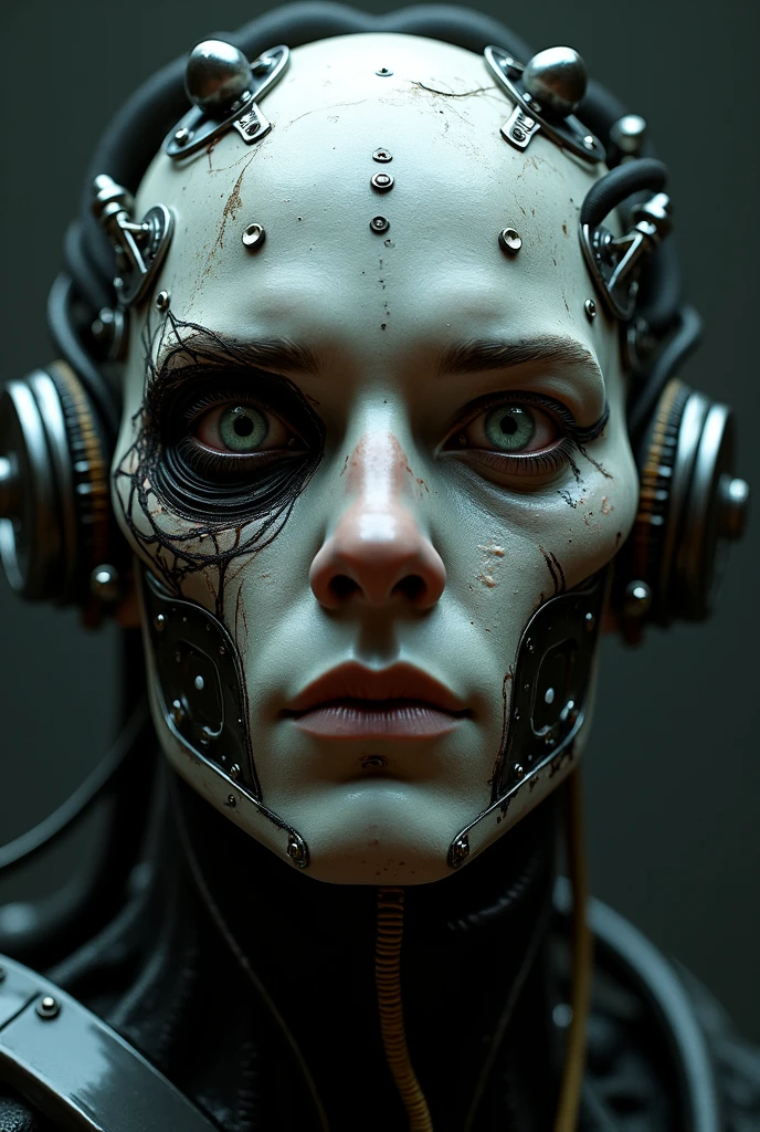 (realistic),masterpiece,Metal face mask, snake eyes, connectors on the head,a close-up image of a character with an intimidating and dark appearance, His face is partially covered by a metallic black mask, and has cracks that add an air of wear or damage, a white and pale face like marble, Exposed skin The top of his head is also cracked, suggesting an anomalous condition or a violent past. The character has a penetrating and threatening look, with intense eyes that stand out under a deep shadow. His hair is long and dark, falling down and framing his face, adding to the sinister aura of the character, The use of strong contrasts between black and white accentuates the dark and dramatic atmosphere of the image, cyberpunk future, bioorganic, cyborg, The image uses a cyberpunk style with a high level of detail and contrast, combining organic and mechanical elements to create a futuristic and dystopian aesthetic