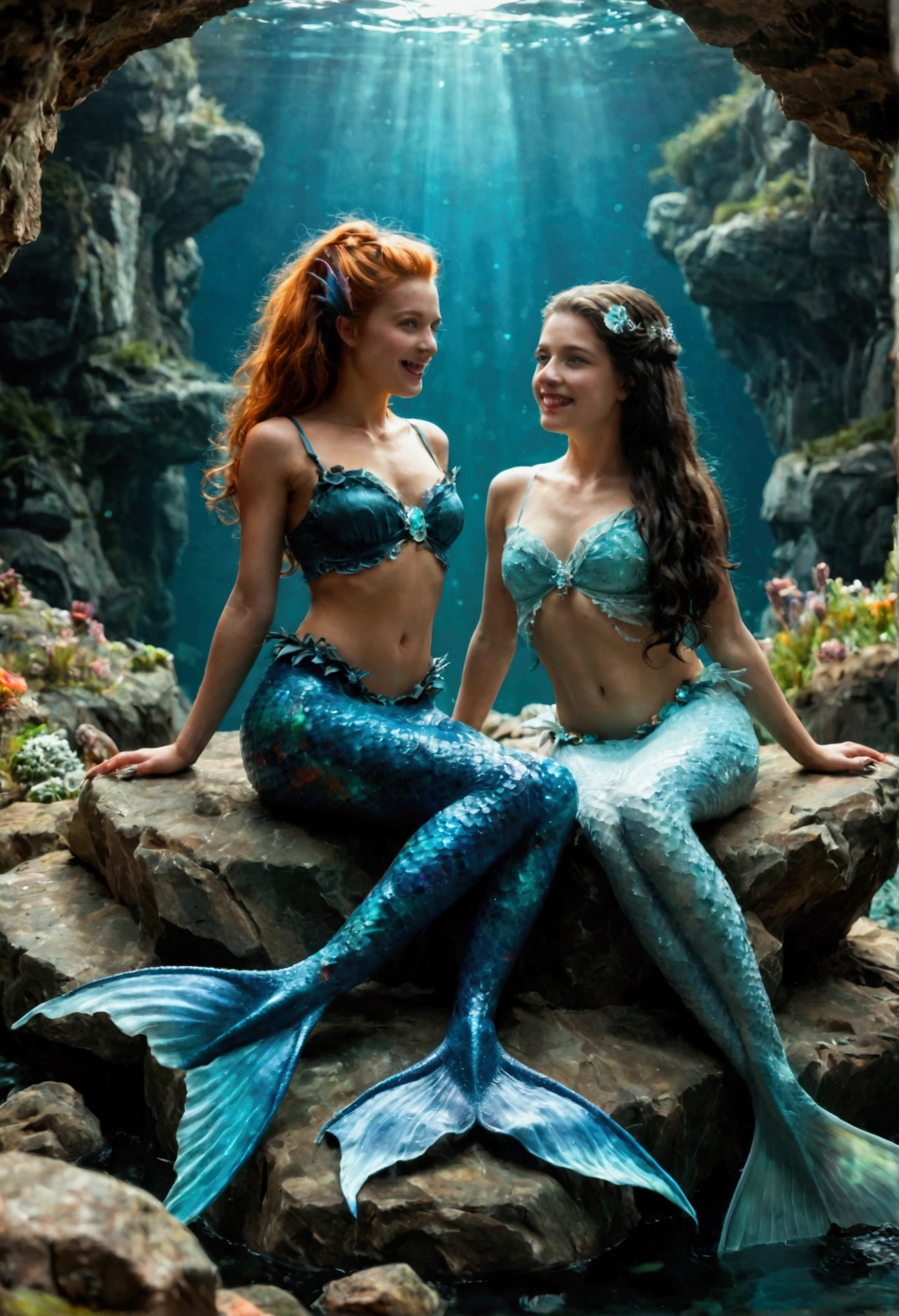 Albanian, girl, brown hair, blue eyes,Gliding gracefully through azure depths, adorned with iridescent scales, a mermaid explores her aquatic realm, enchanted by the mysteries of the sea, with long blonde hair best friend, with best friend with brown hair, two mermaids hugging each other 