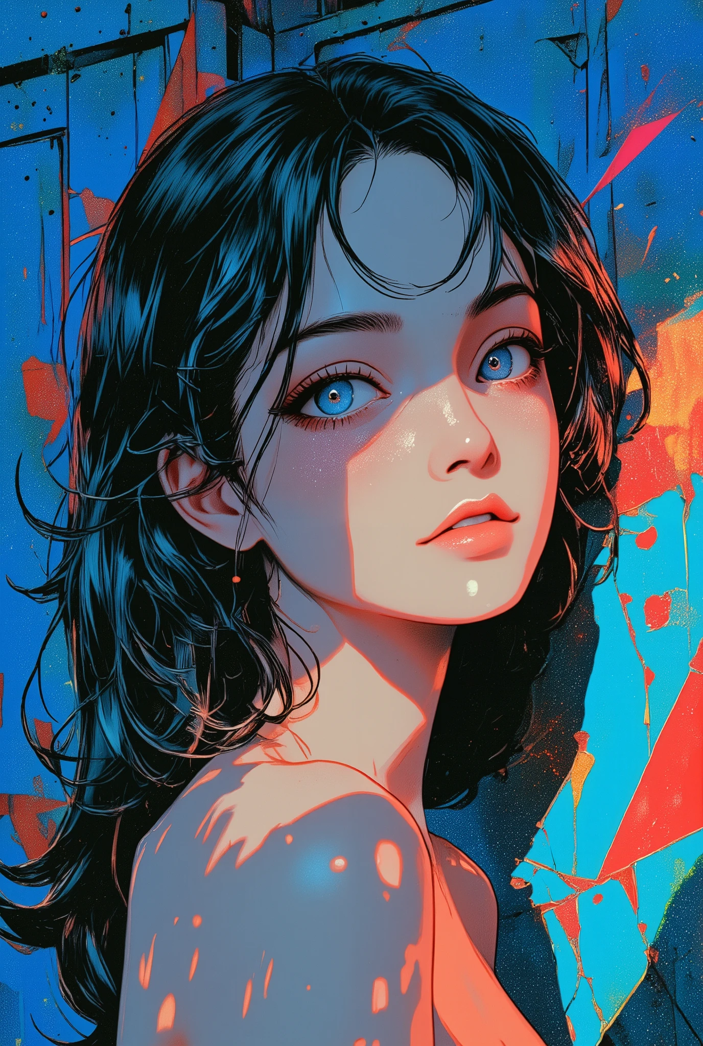 cool shading, 90's anime, flim grain, simple background, highly detailed Angelina jolie-hinata sexy Girl character, expressive, big eyes, blue college wall, dot-stippling texture, pop art, art by Kinuko Y. Craft "grunge_highly_detailed_ink_splash_chipped_peeling_cracked_course_colorful_saturated_textured_painting_demonic_bo_negative-digital_boring_background_plain_background" luminism, ultra highly detailed, 32 k, Fantastic Realism complex background, dynamic lighting, lights, digital painting, intricate