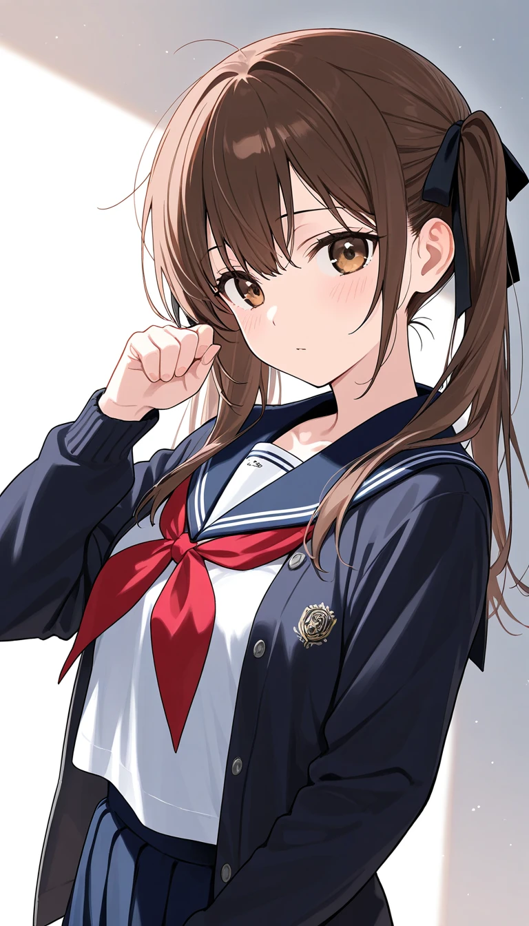 extra high quality, ultra hd, high quality, 1 girl, twintail, brown hair, hair ribbon, serafuku, jacket, looking at viewer, perfect eyes, masterpiece, cute pose